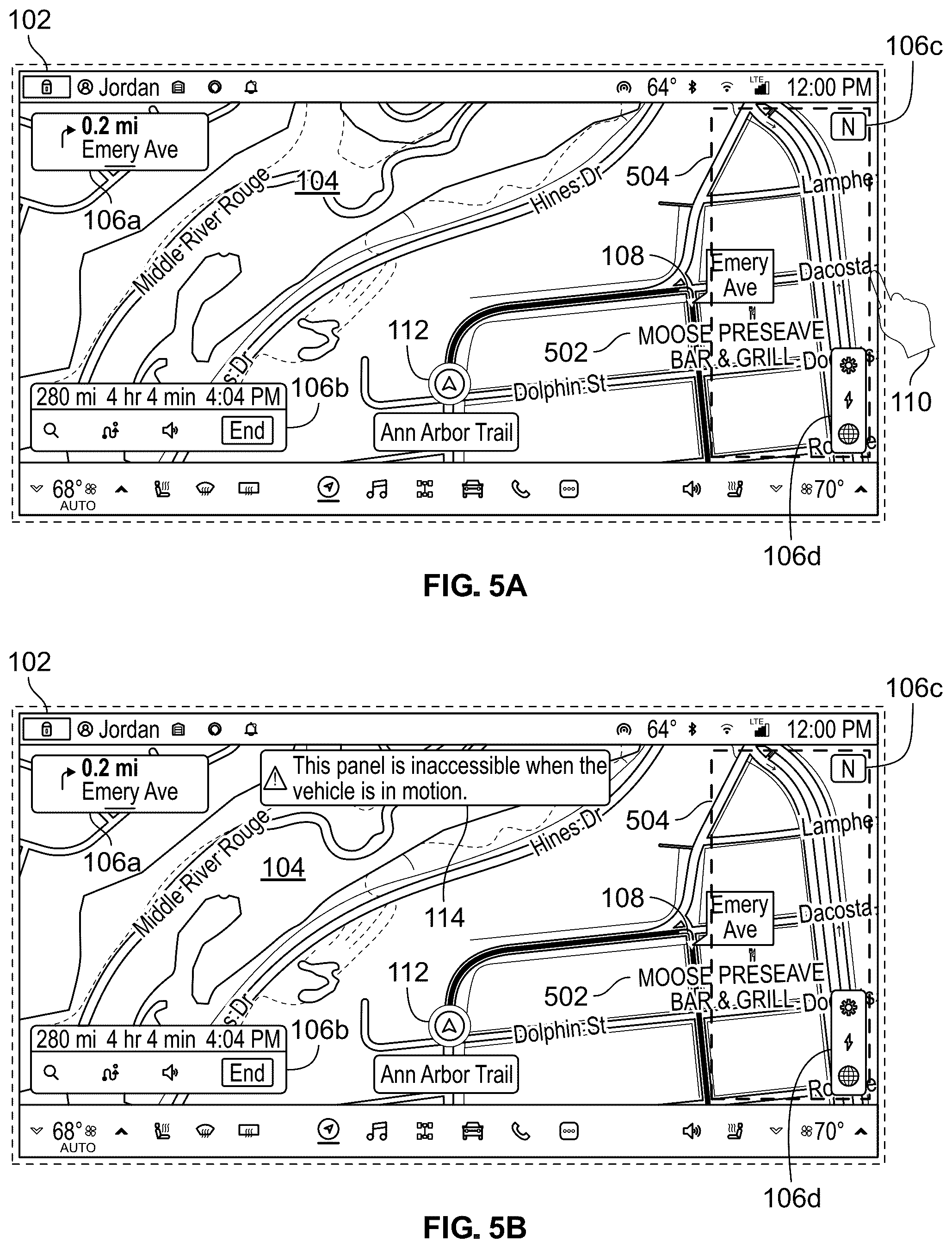 Patent US12591360 Figure 5 – User interface adjustment based on proximity to upcoming maneuver