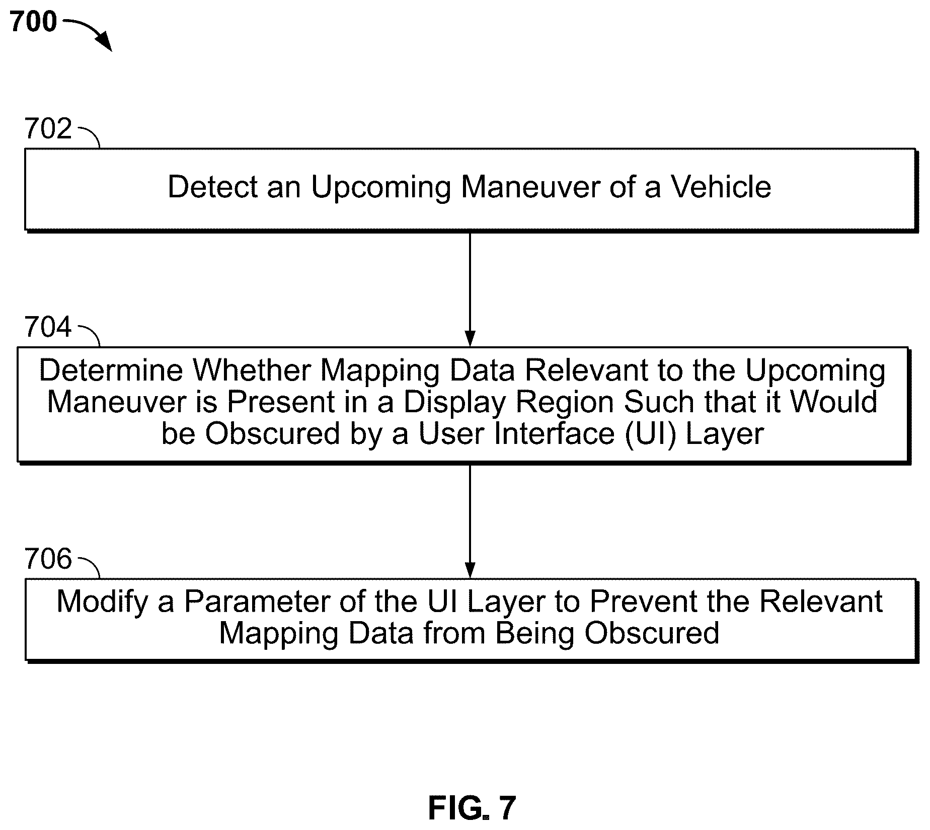 Patent US12591360 Figure 7 – User interface adjustment based on proximity to upcoming maneuver