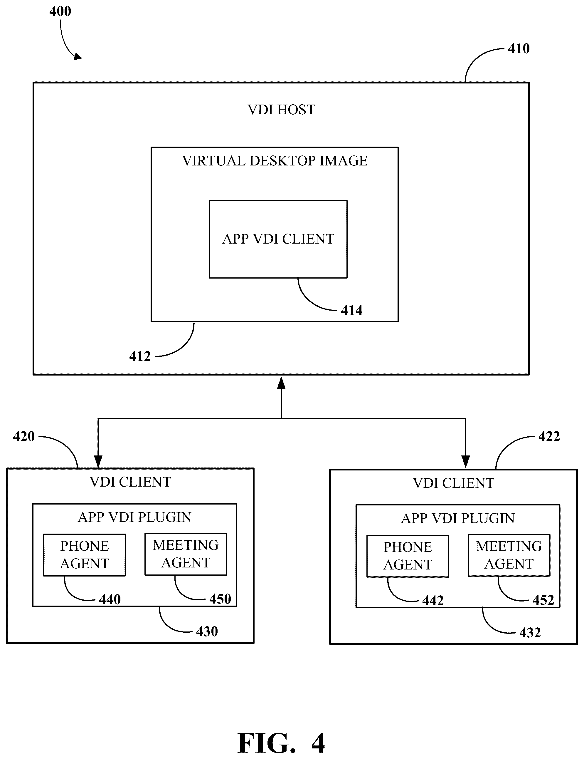 Patent US12591449 Figure 4 – Merging streams for call enhancement in virtual desktop infrastructure