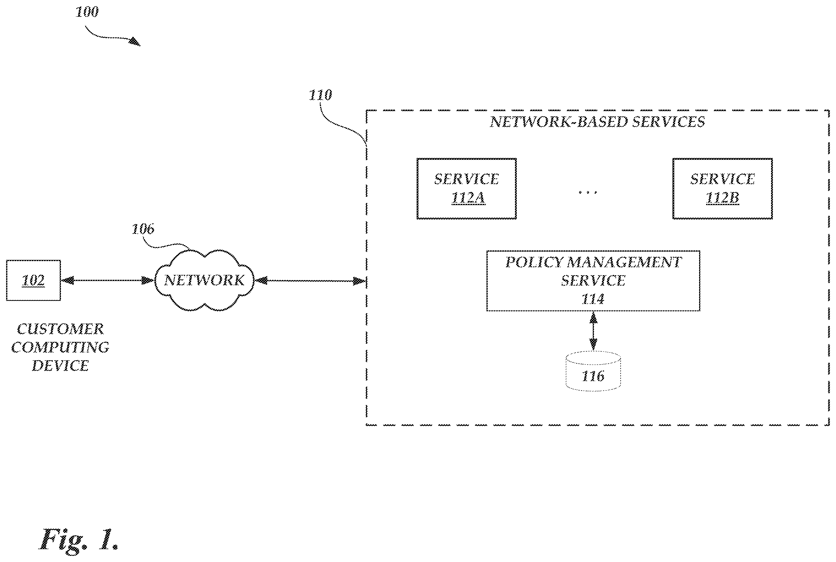 Patent US12591464 Figure 1 – Managing service policies based on context