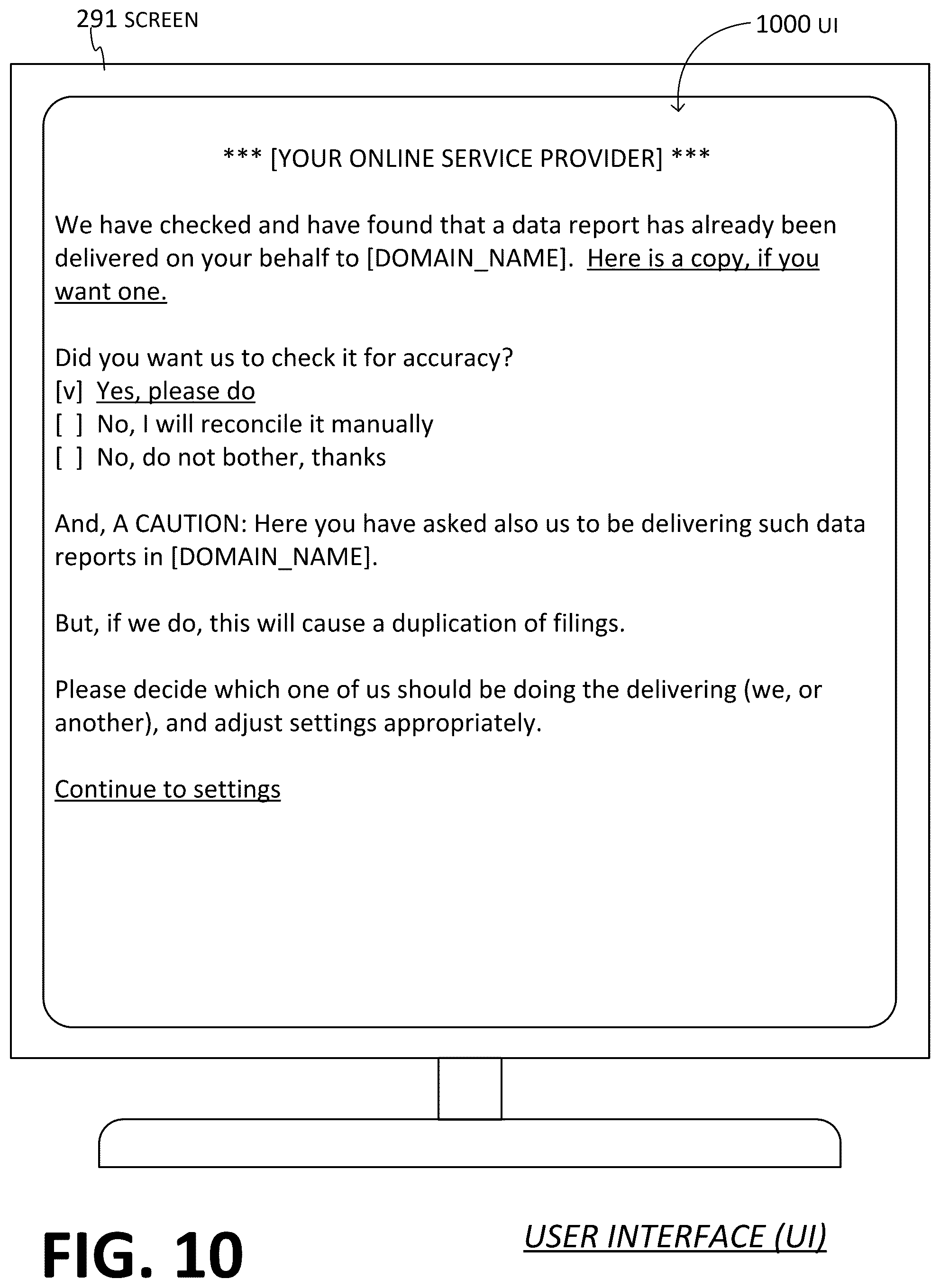 Patent US12591543 Figure 8 – Online software platform (OSP) checking partner entity of primary entity for prior actions indicating delivery of data reports by the partner entity to domain on behalf of the primary entity, to lessen chance of duplication of such delivery
