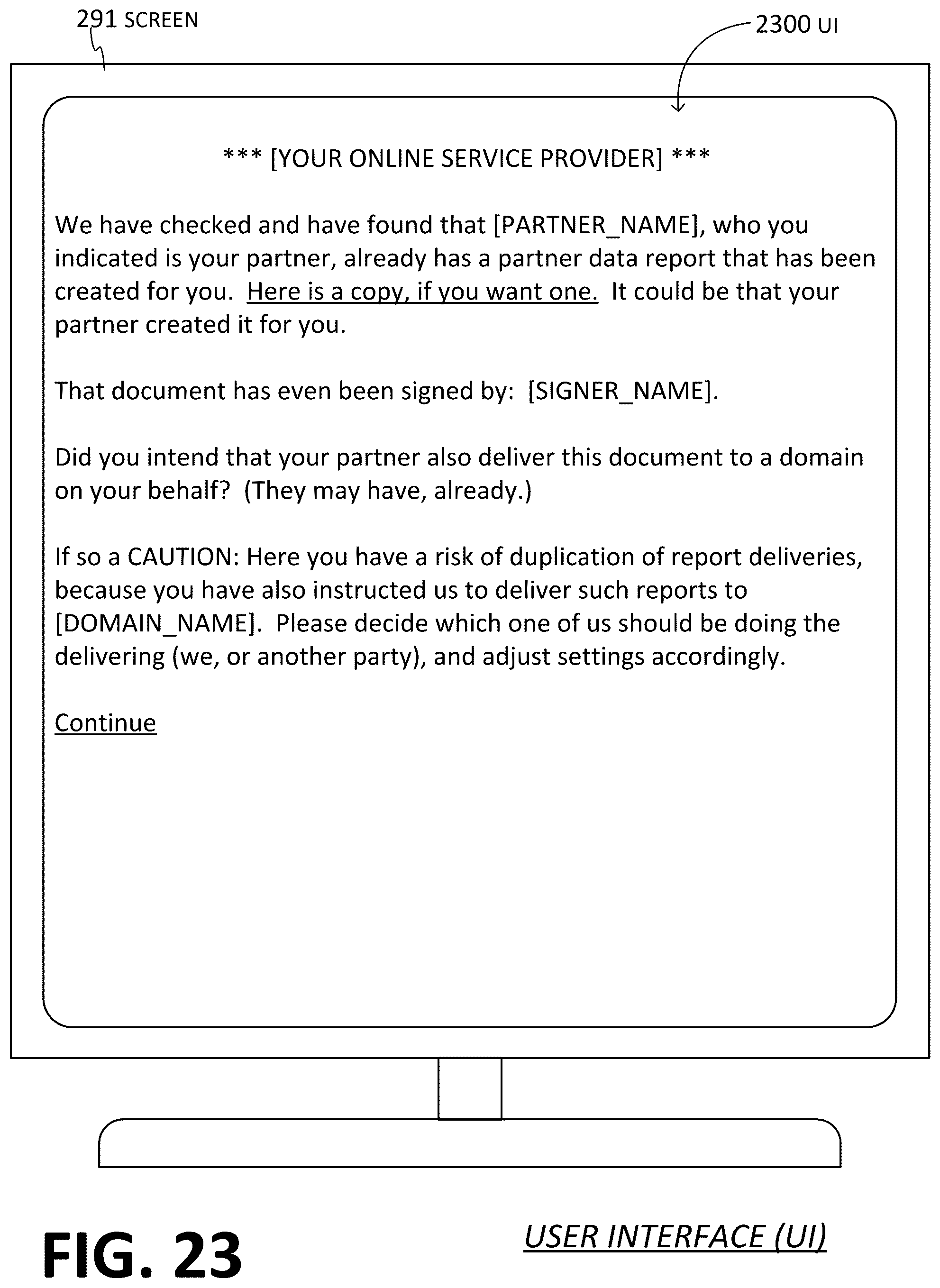 Patent US12591543 Figure 20 – Online software platform (OSP) checking partner entity of primary entity for prior actions indicating delivery of data reports by the partner entity to domain on behalf of the primary entity, to lessen chance of duplication of such delivery