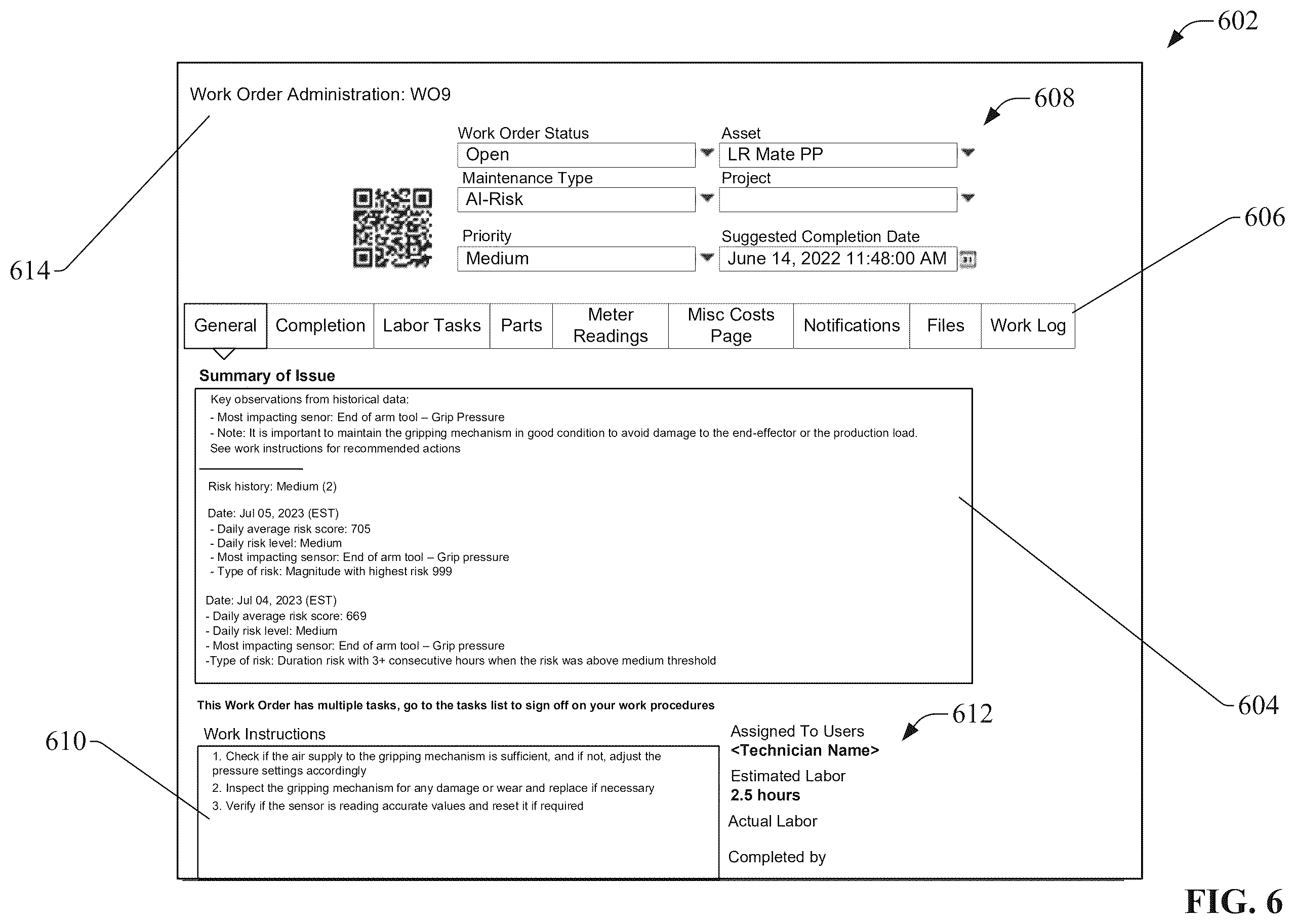 Patent US12591861 Figure 6 – Risk management based work order prioritization