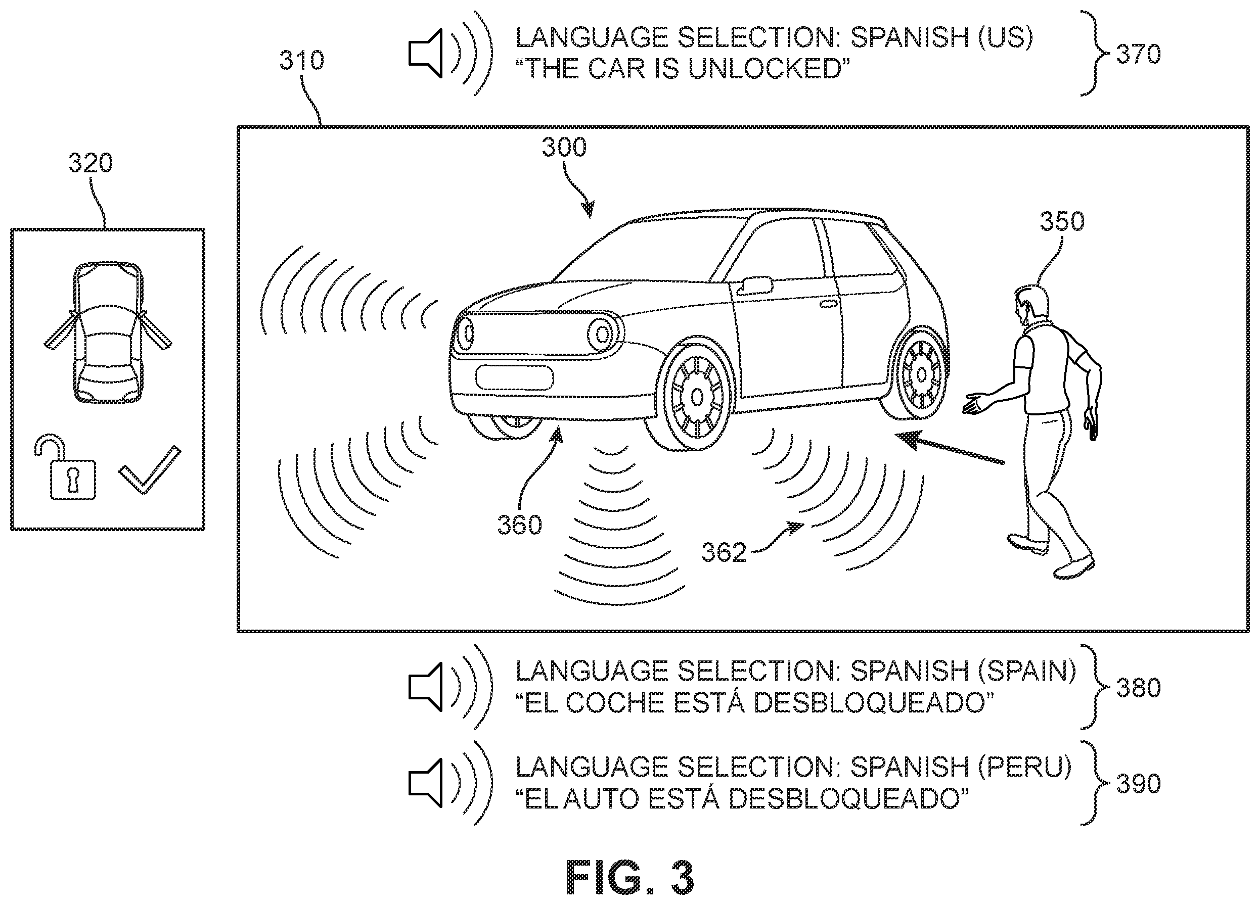 Patent US12592107 Figure 3 – Spoken notifications for acoustic vehicle alerting systems
