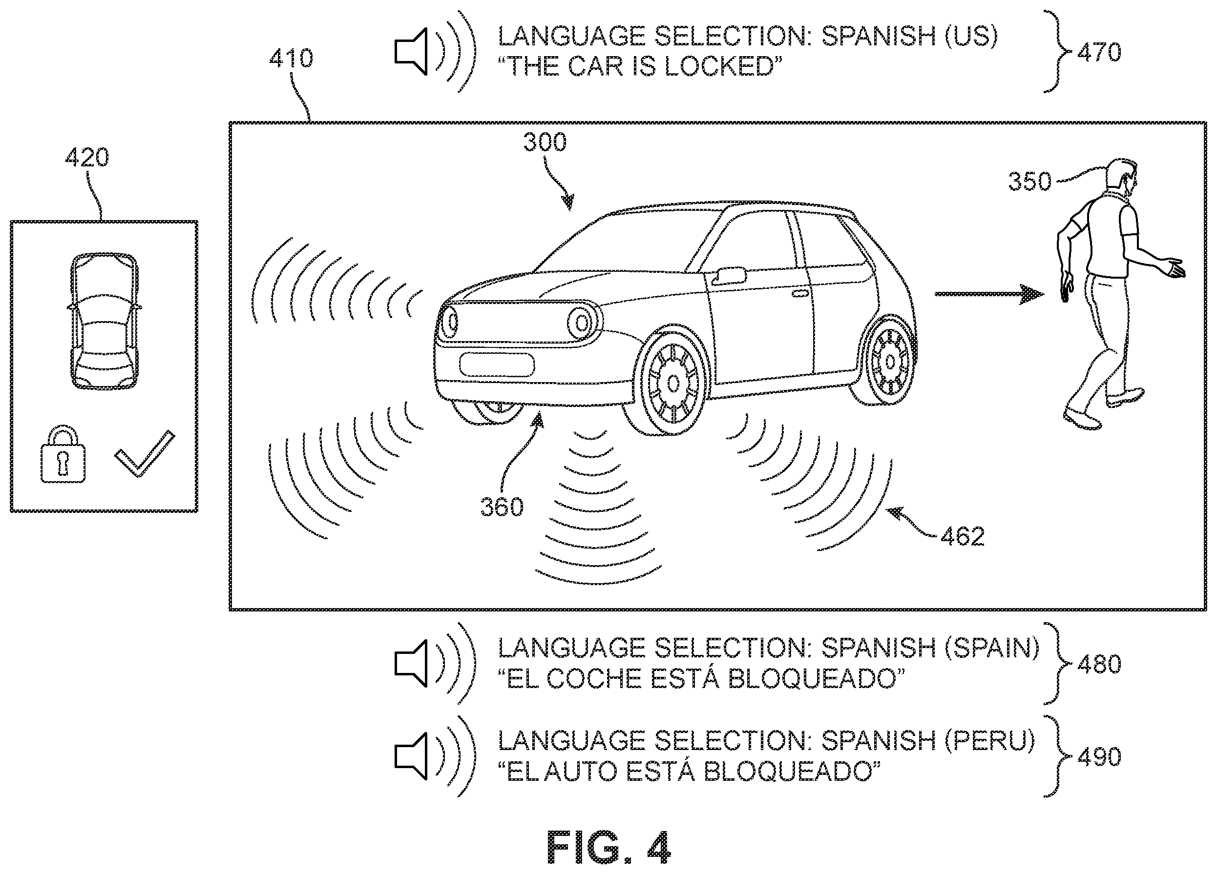 Patent US12592107 Figure 4 – Spoken notifications for acoustic vehicle alerting systems
