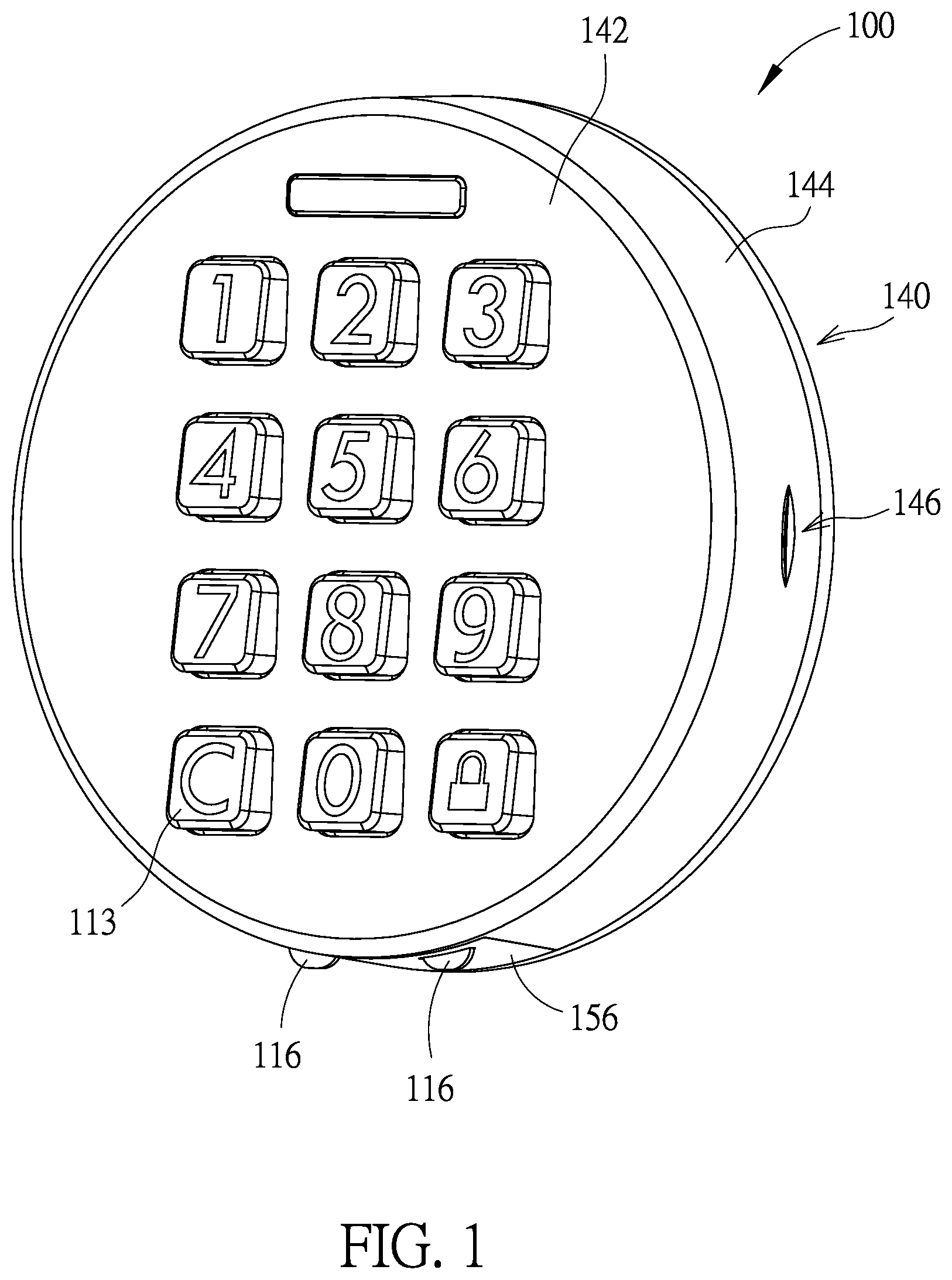 Patent US12592110 Figure 1 – Outer assembly of electric lock