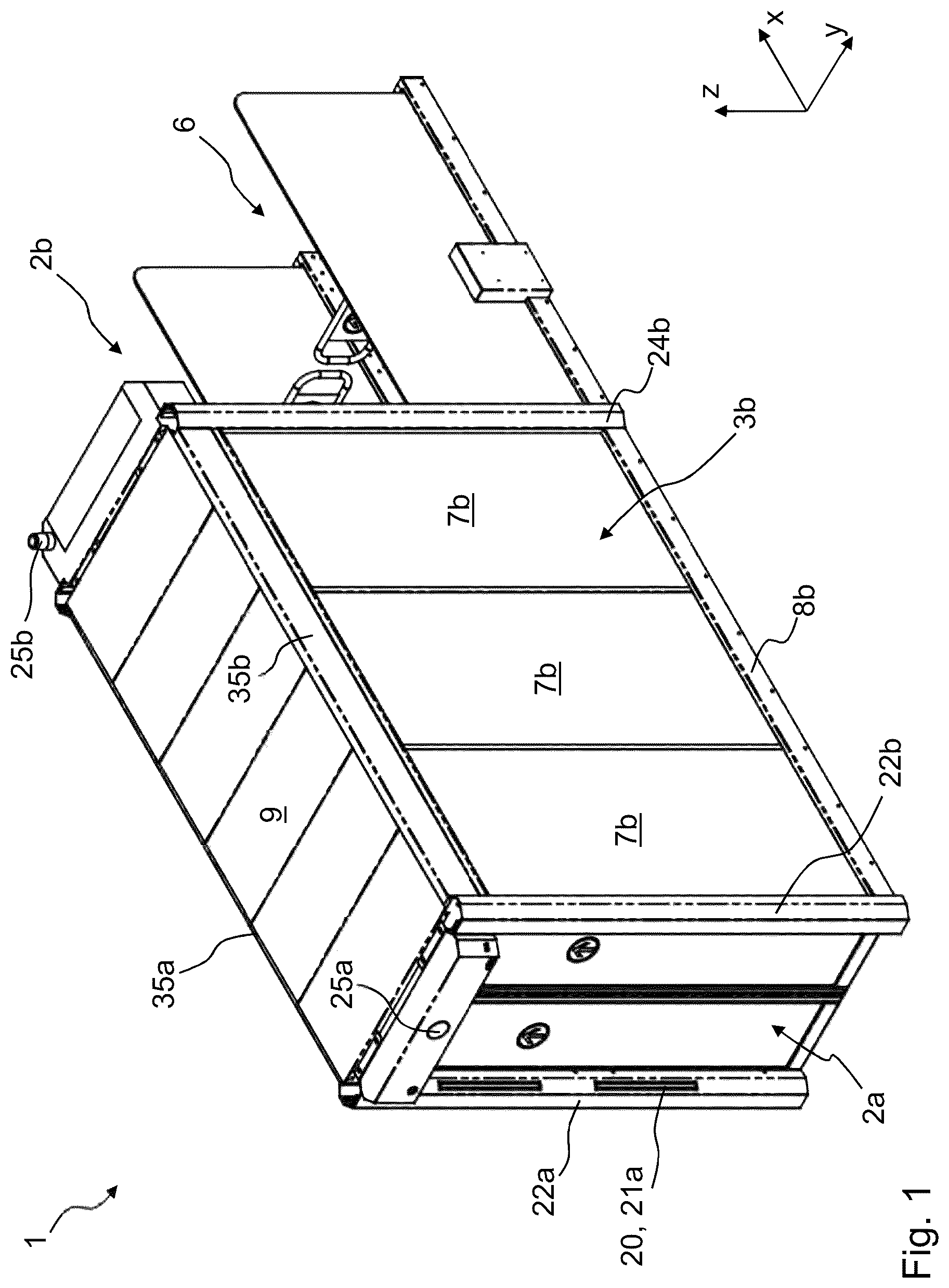 Patent US12592111 Figure 1 – One-way pass-through system with return block for use in buildings, and a corresponding building having a one-way pass-through system of this kind