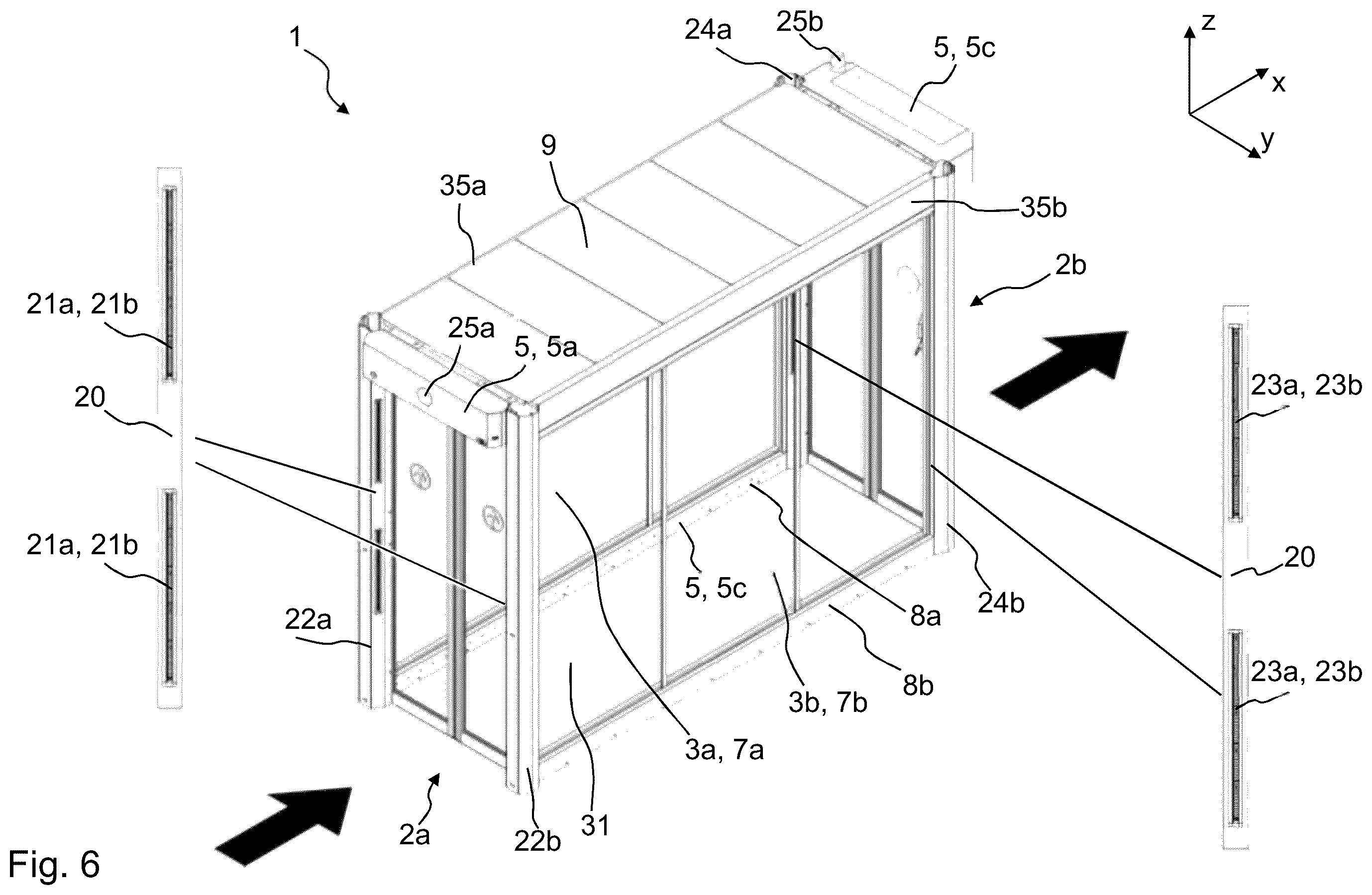 Patent US12592111 Figure 5 – One-way pass-through system with return block for use in buildings, and a corresponding building having a one-way pass-through system of this kind