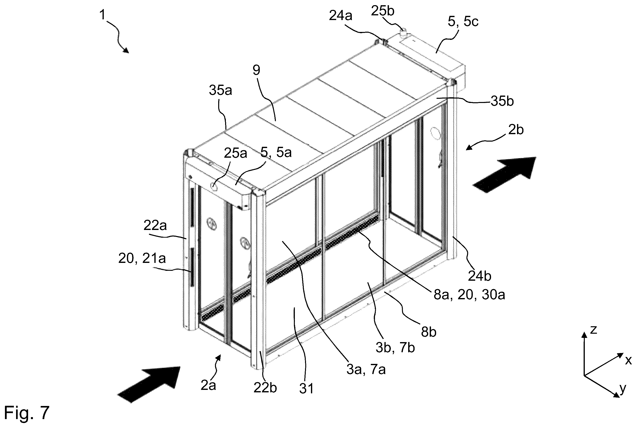 Patent US12592111 Figure 6 – One-way pass-through system with return block for use in buildings, and a corresponding building having a one-way pass-through system of this kind