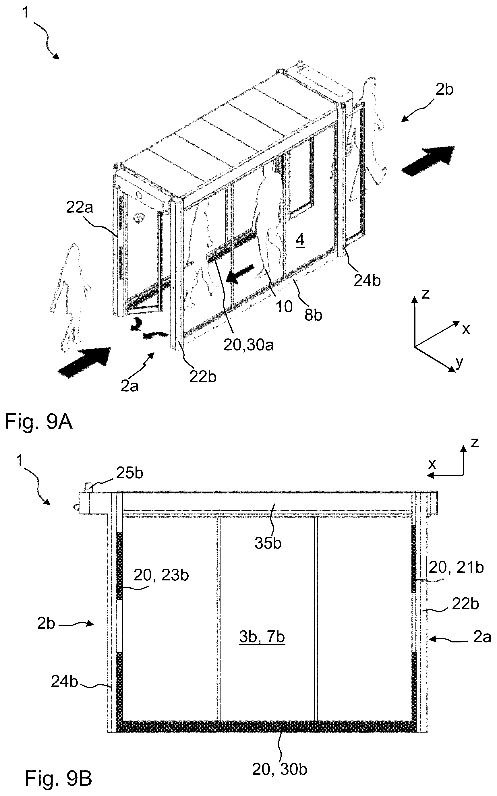 Patent US12592111 Figure 9 – One-way pass-through system with return block for use in buildings, and a corresponding building having a one-way pass-through system of this kind