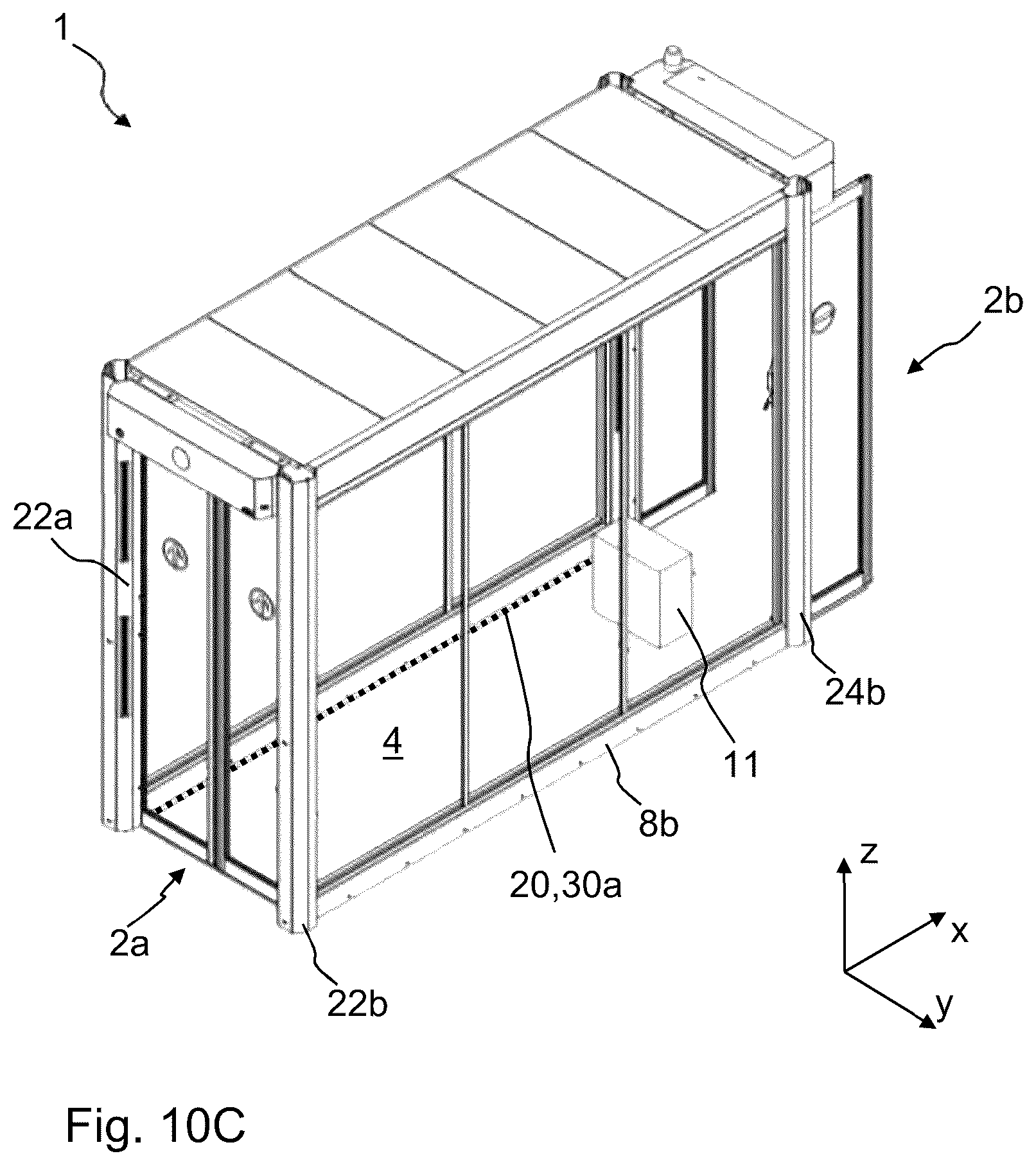 Patent US12592111 Figure 11 – One-way pass-through system with return block for use in buildings, and a corresponding building having a one-way pass-through system of this kind