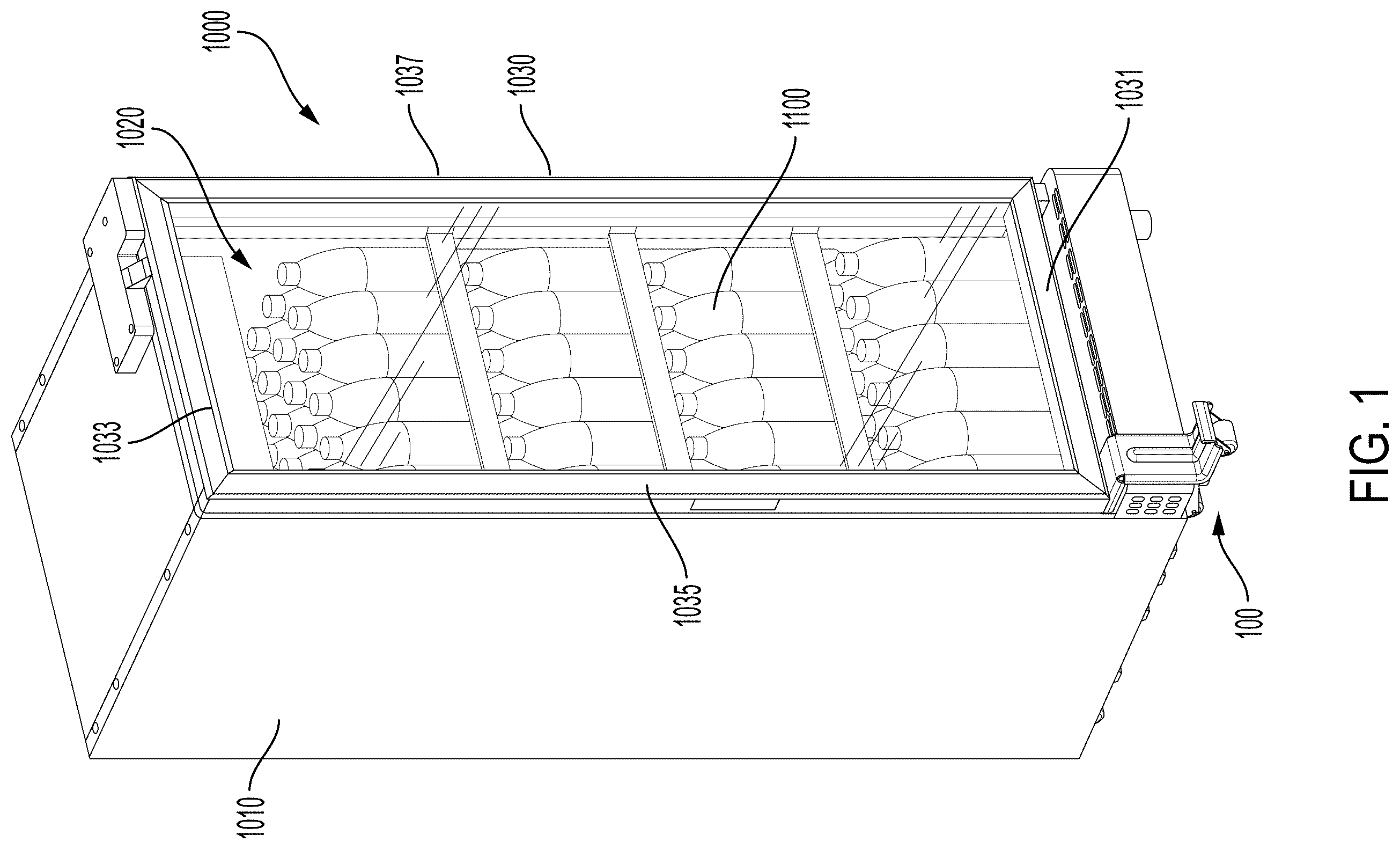 Patent US12592115 Figure 1 – Hands-free vending machine and door opening assembly