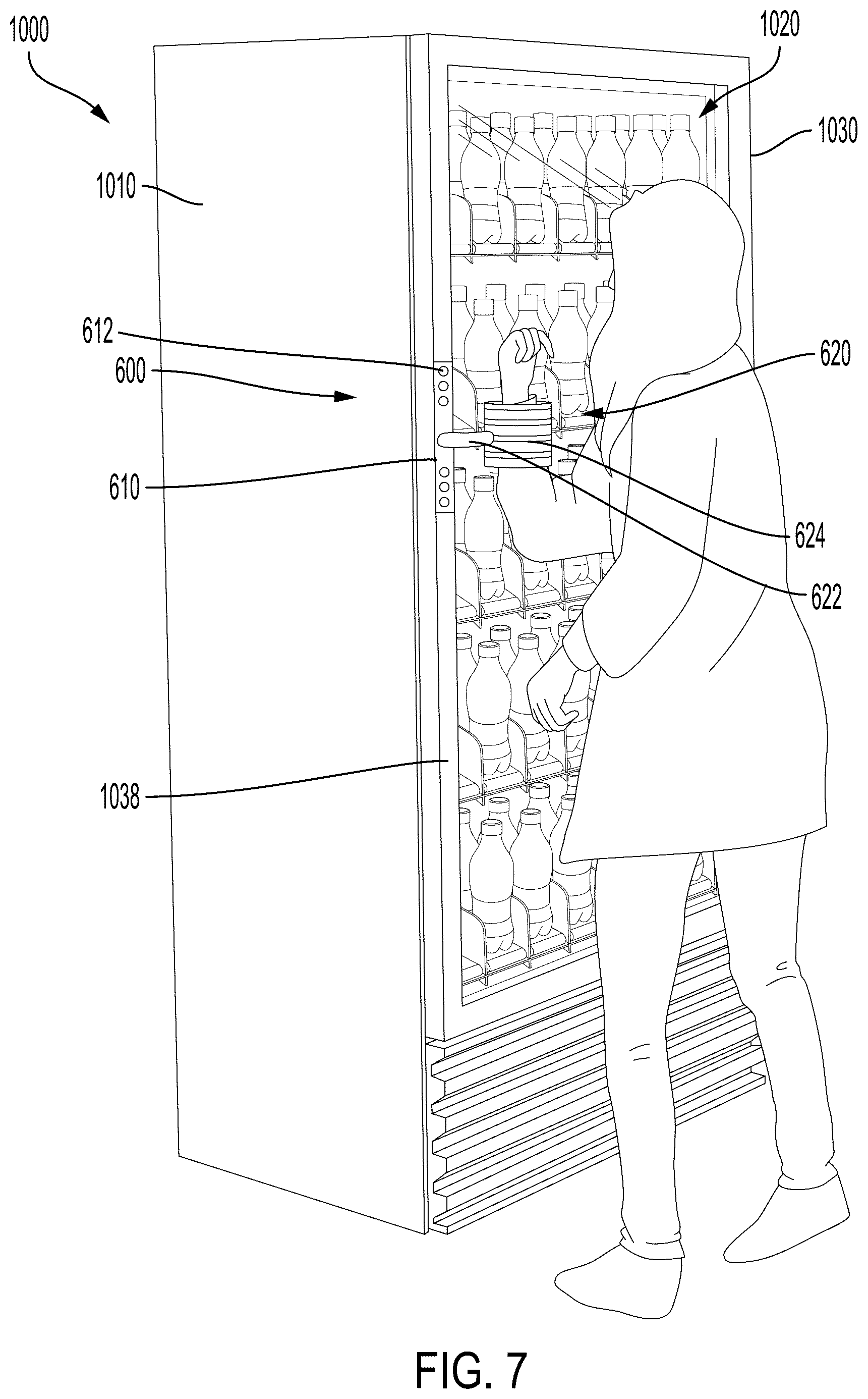Patent US12592115 Figure 7 – Hands-free vending machine and door opening assembly