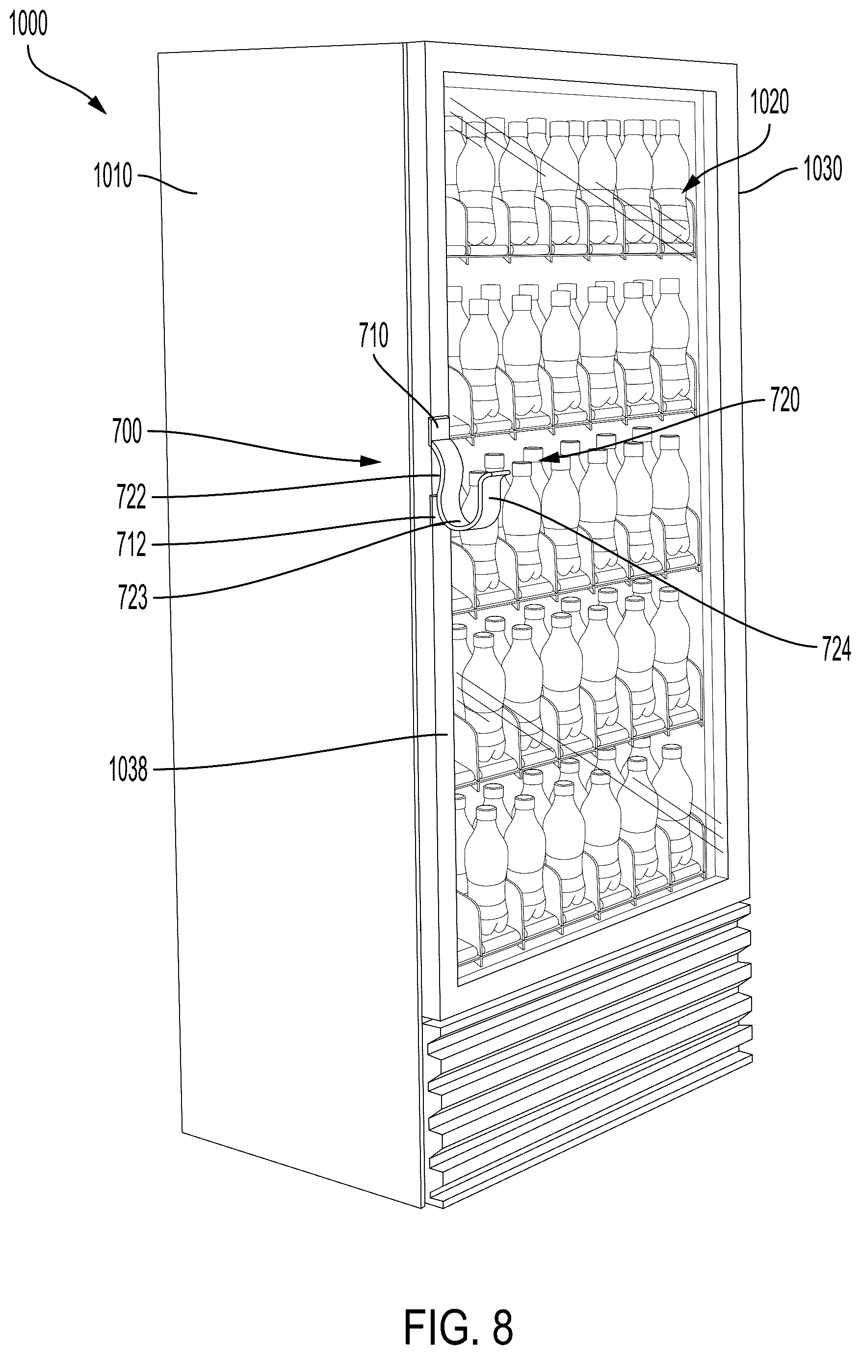 Patent US12592115 Figure 8 – Hands-free vending machine and door opening assembly
