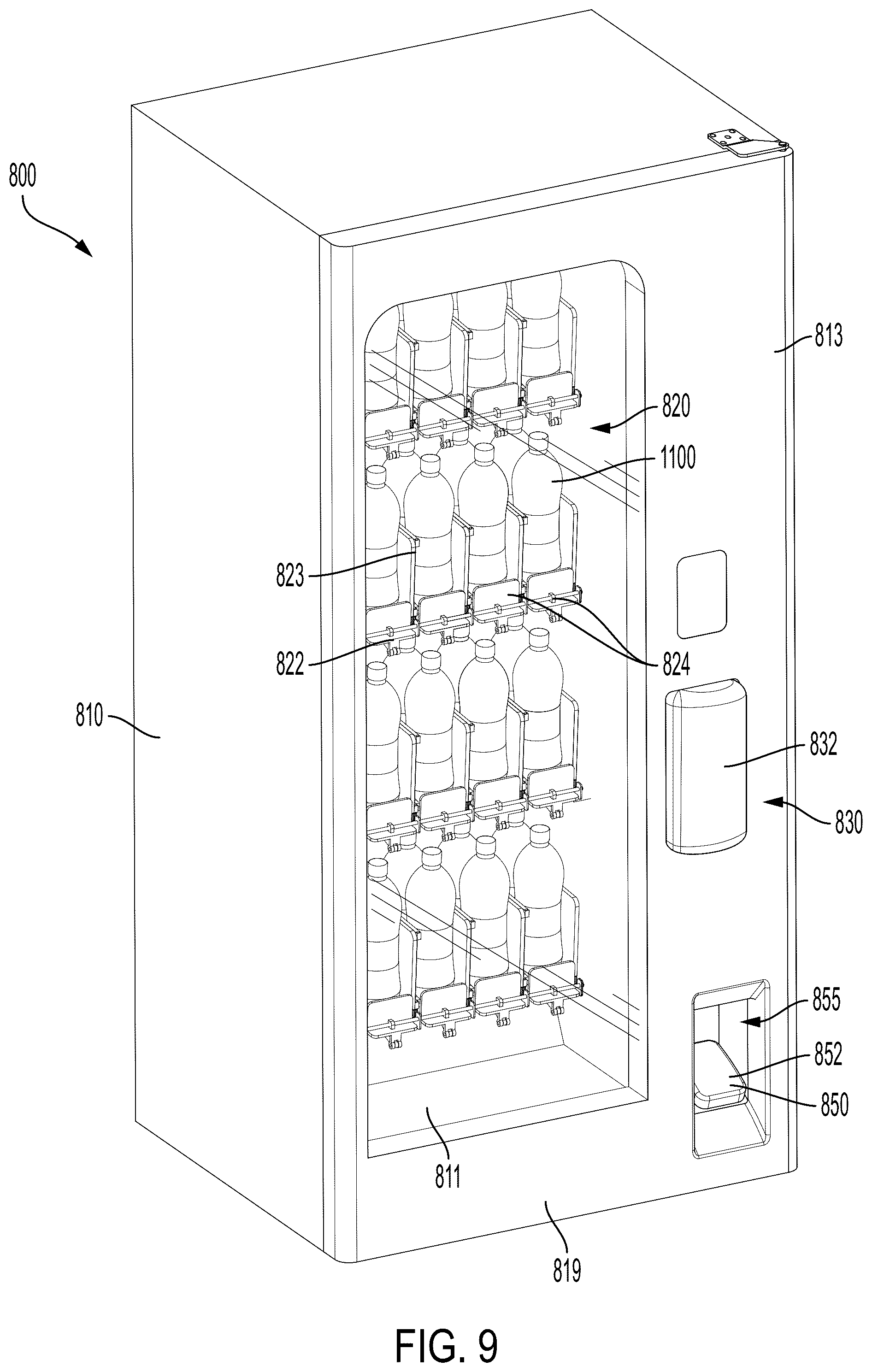 Patent US12592115 Figure 9 – Hands-free vending machine and door opening assembly