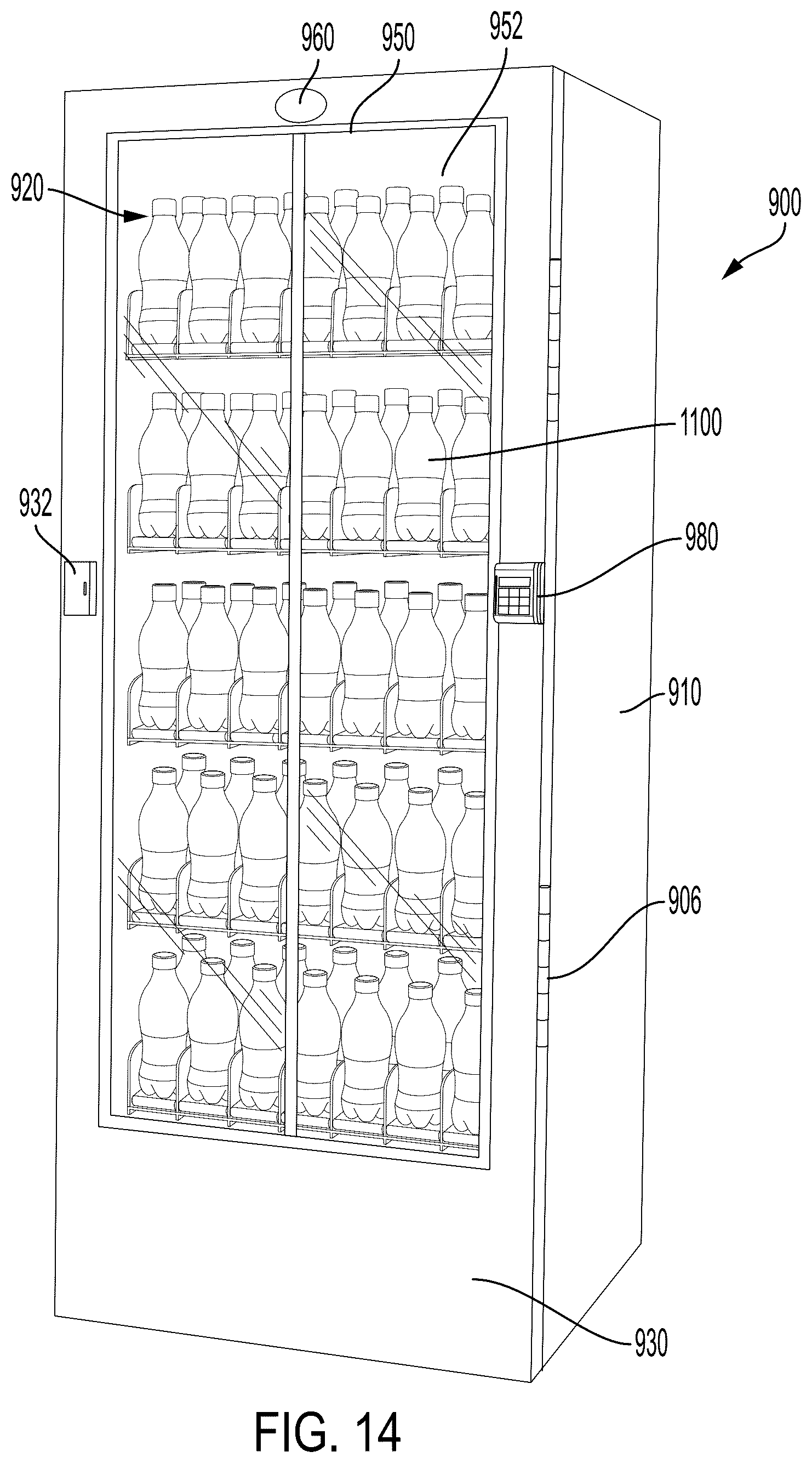 Patent US12592115 Figure 14 – Hands-free vending machine and door opening assembly