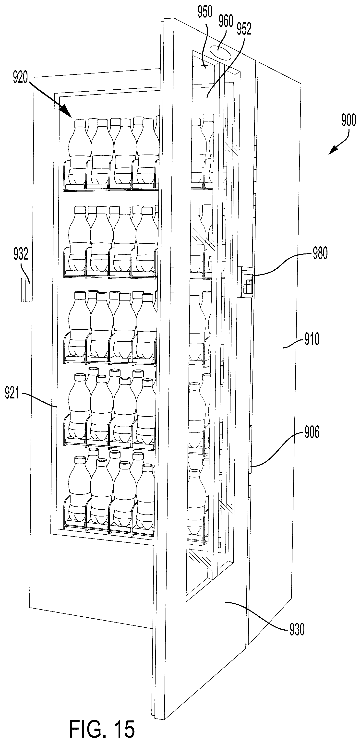 Patent US12592115 Figure 15 – Hands-free vending machine and door opening assembly