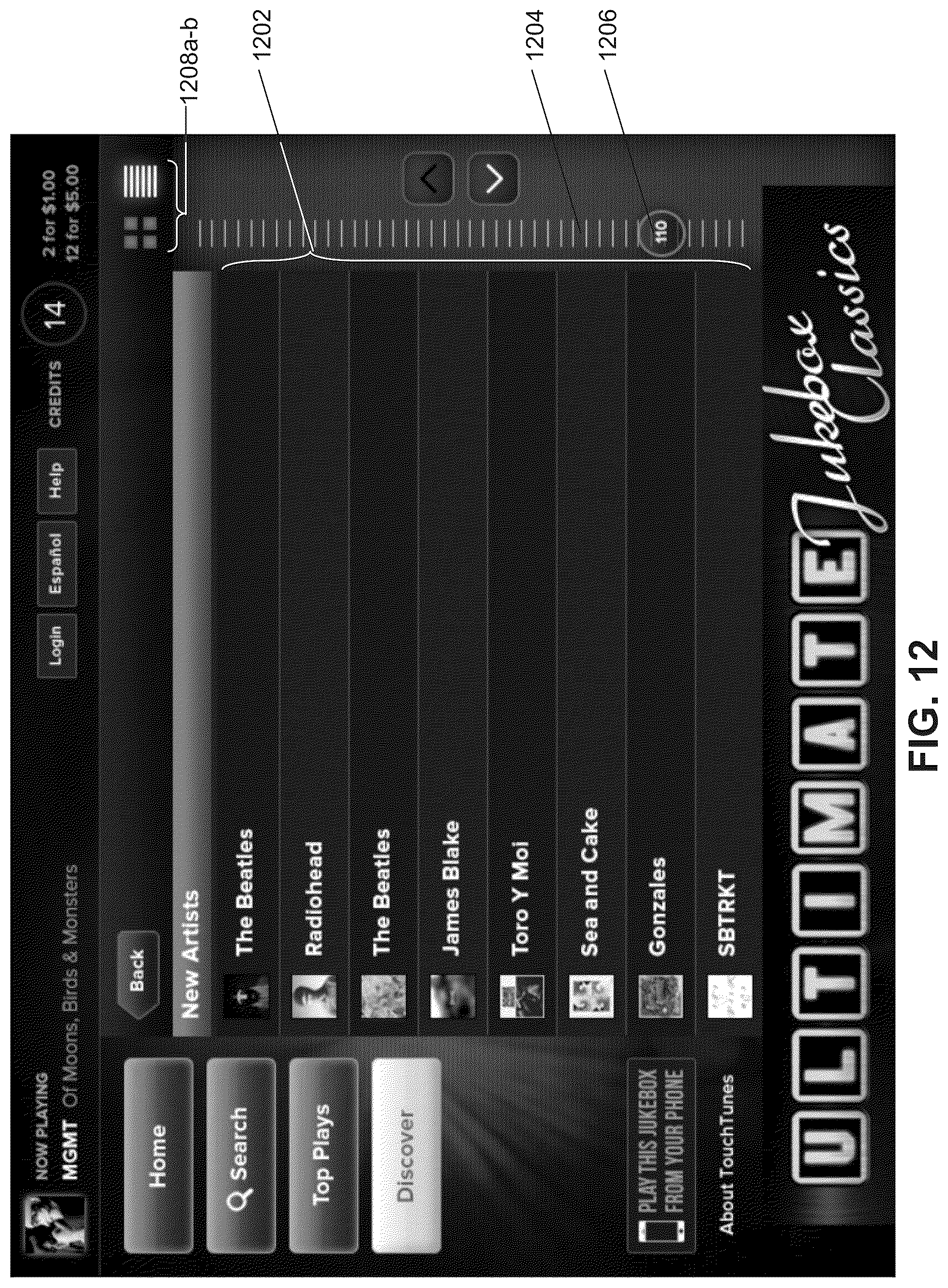 Patent US12592116 Figure 12 – Digital jukebox device with improved user interfaces, and associated methods