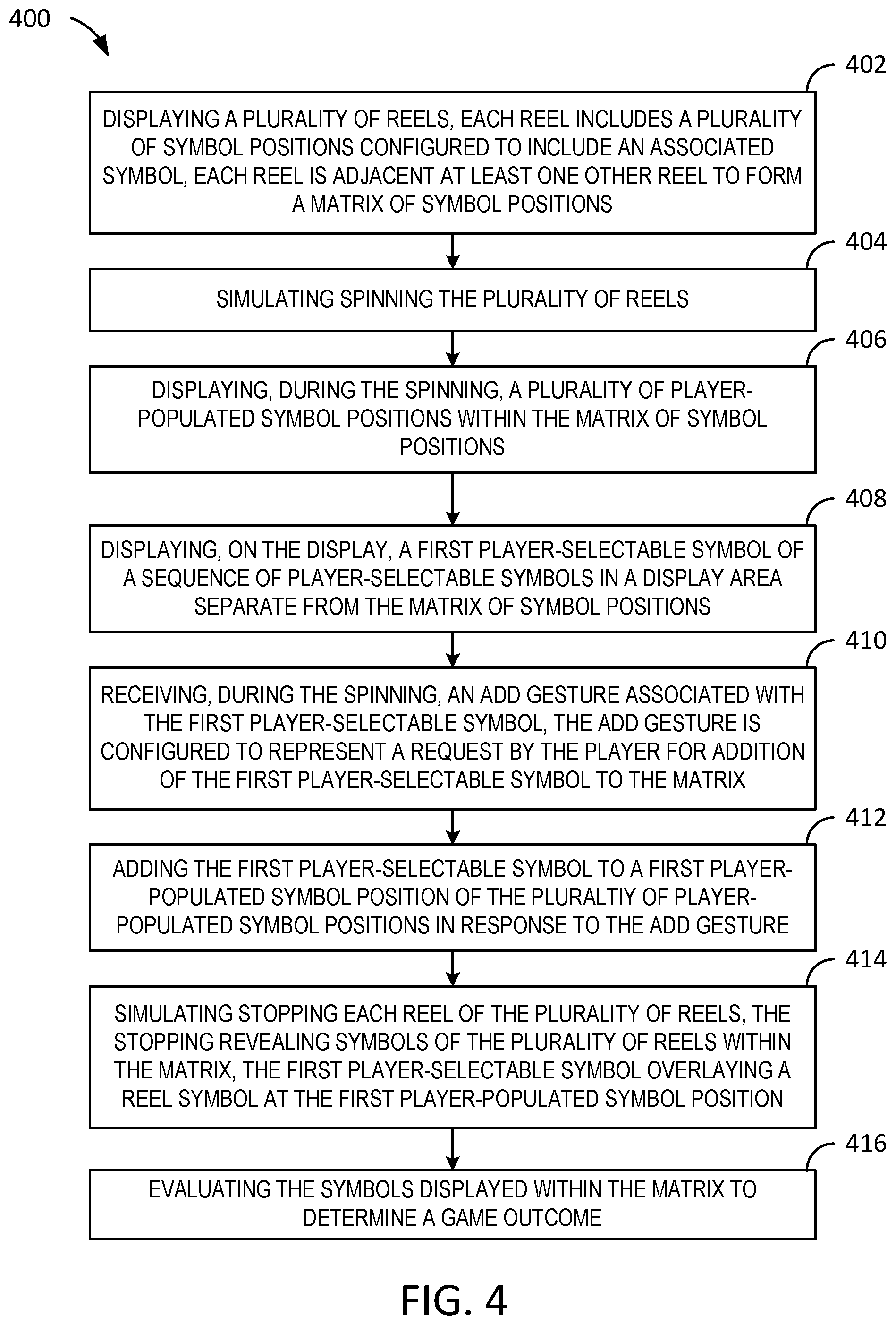 Patent US12592126 Figure 4 – Systems and methods of electronic gaming including gesture-based player constructed symbol combinations