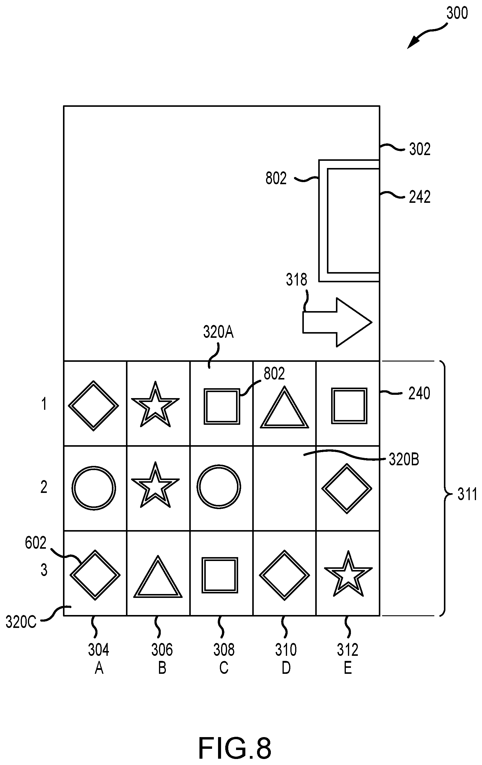 Patent US12592126 Figure 8 – Systems and methods of electronic gaming including gesture-based player constructed symbol combinations