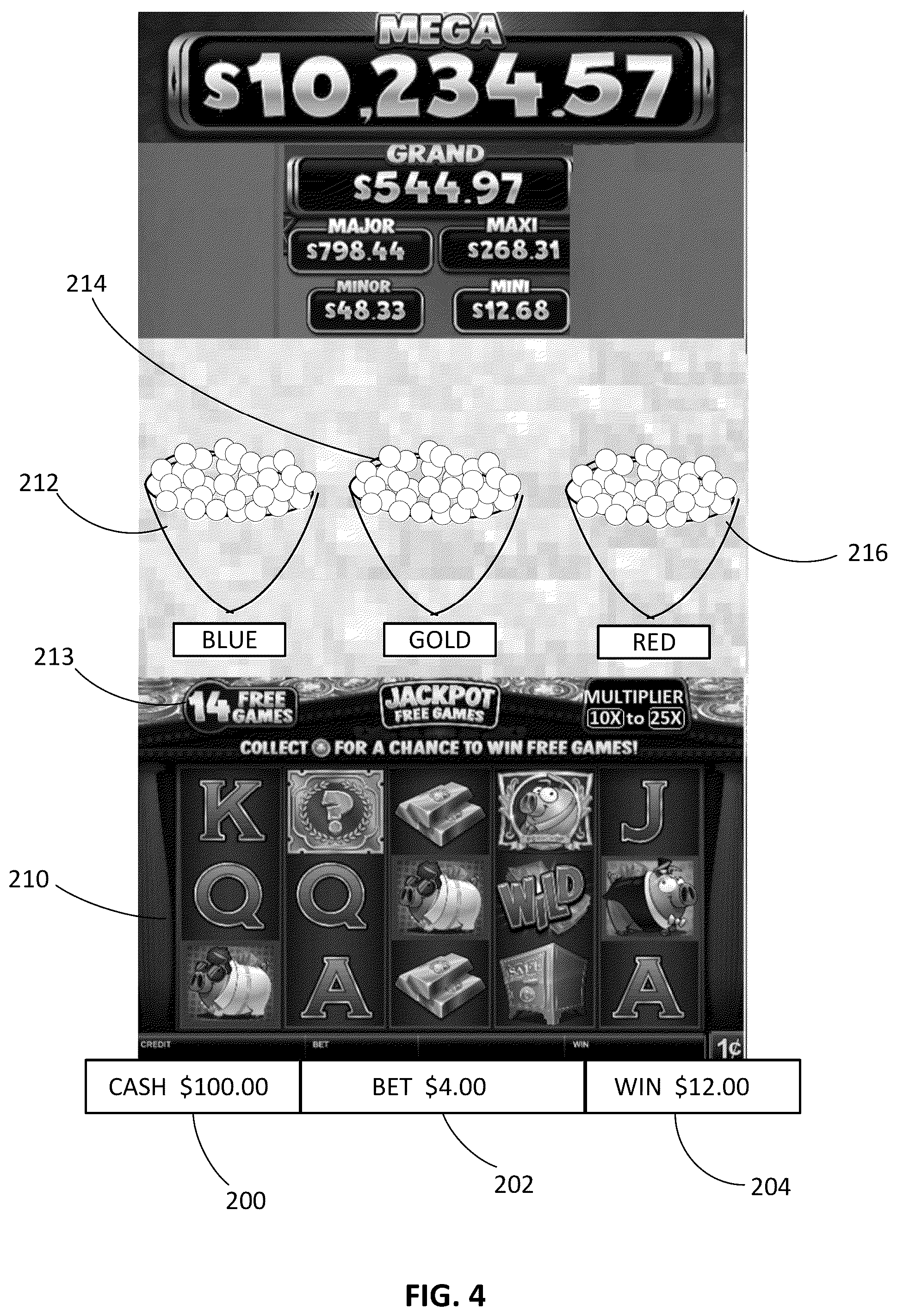 Patent US12592127 Figure 5 – Gaming system and method with a persistent element feature including a sliding range component