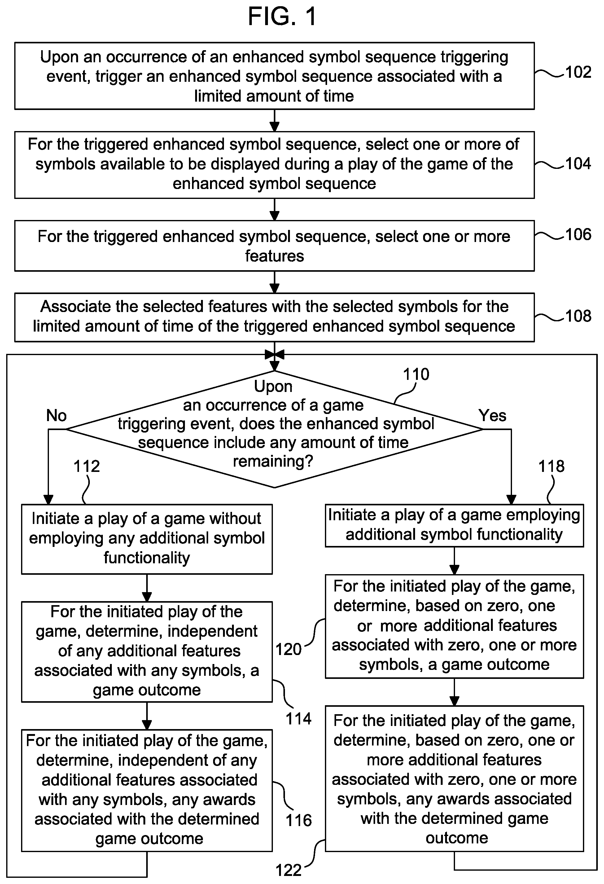 Patent US12592128 Figure 1 – Enhanced gaming system symbol functionality for limited duration mode