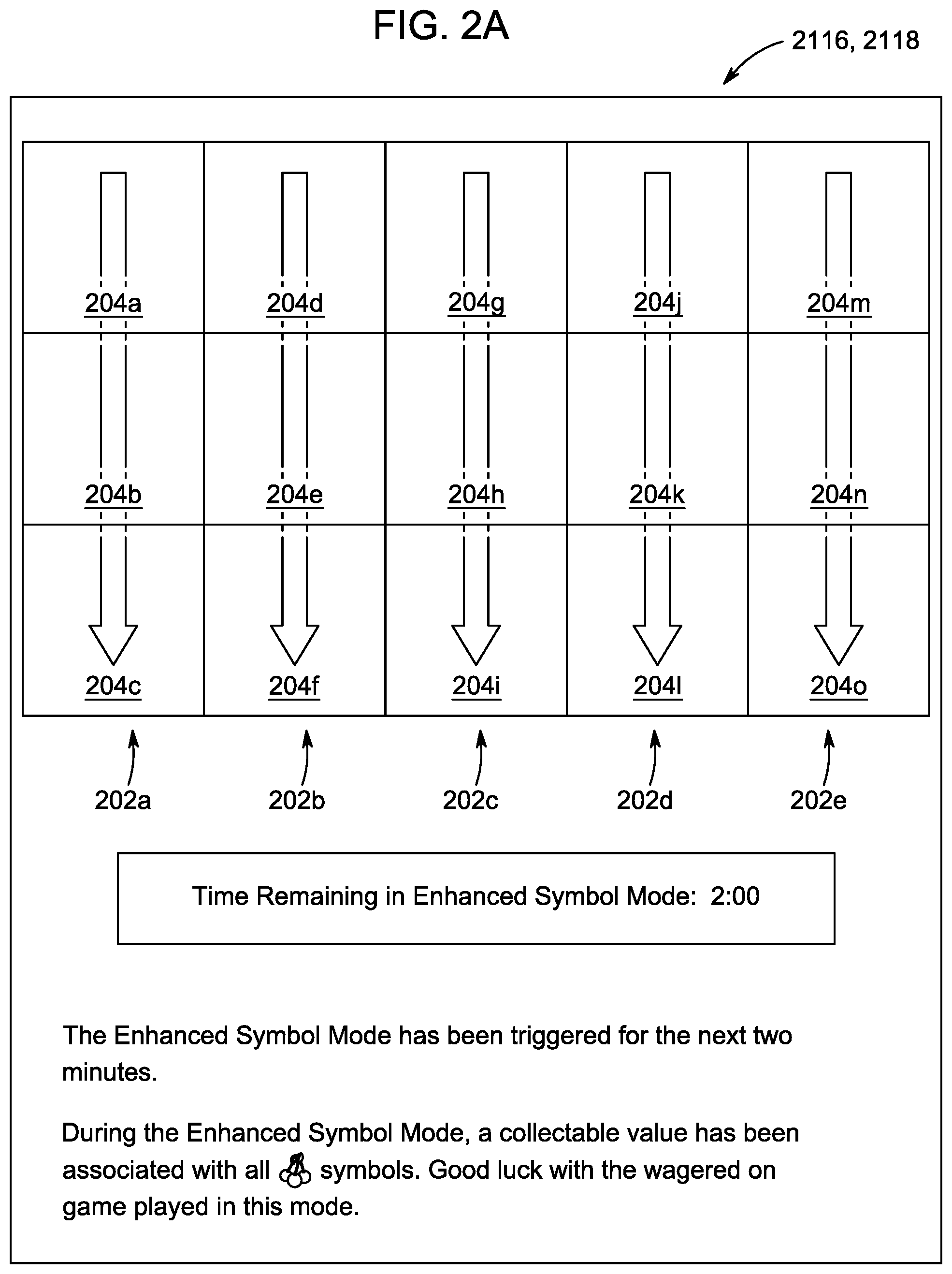 Patent US12592128 Figure 2 – Enhanced gaming system symbol functionality for limited duration mode