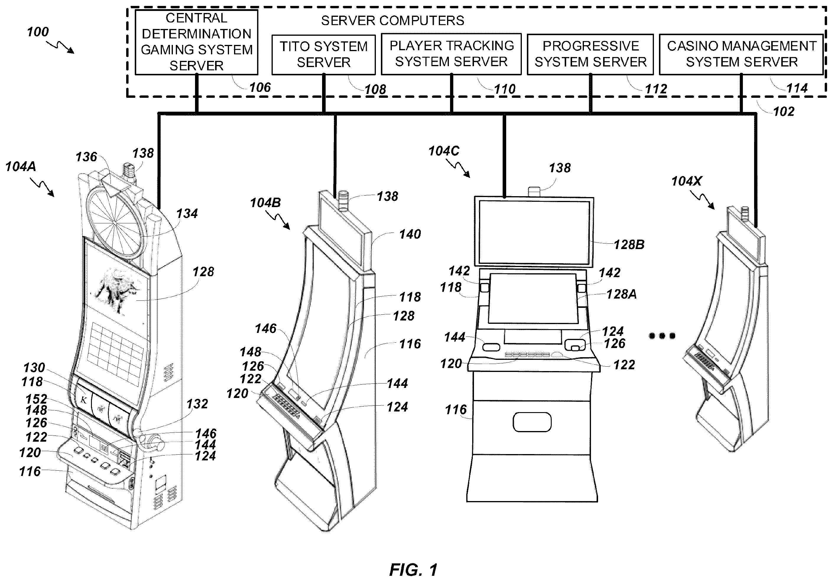 Patent US12592129 Figure 1 – Electronic gaming machine with symbols streaming adjacent an active reel matrix with reel expansion and symbol absorption processes
