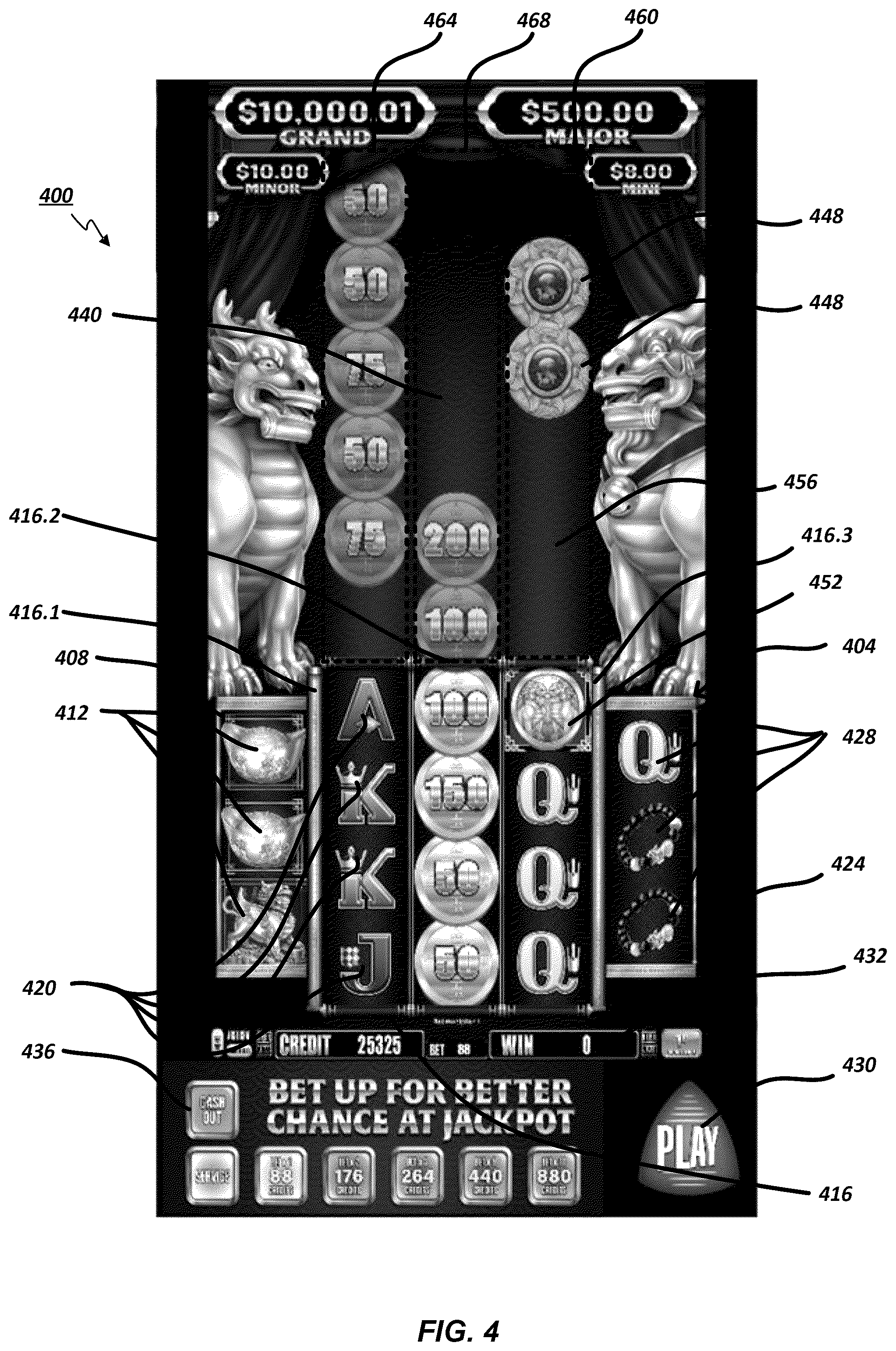 Patent US12592129 Figure 6 – Electronic gaming machine with symbols streaming adjacent an active reel matrix with reel expansion and symbol absorption processes