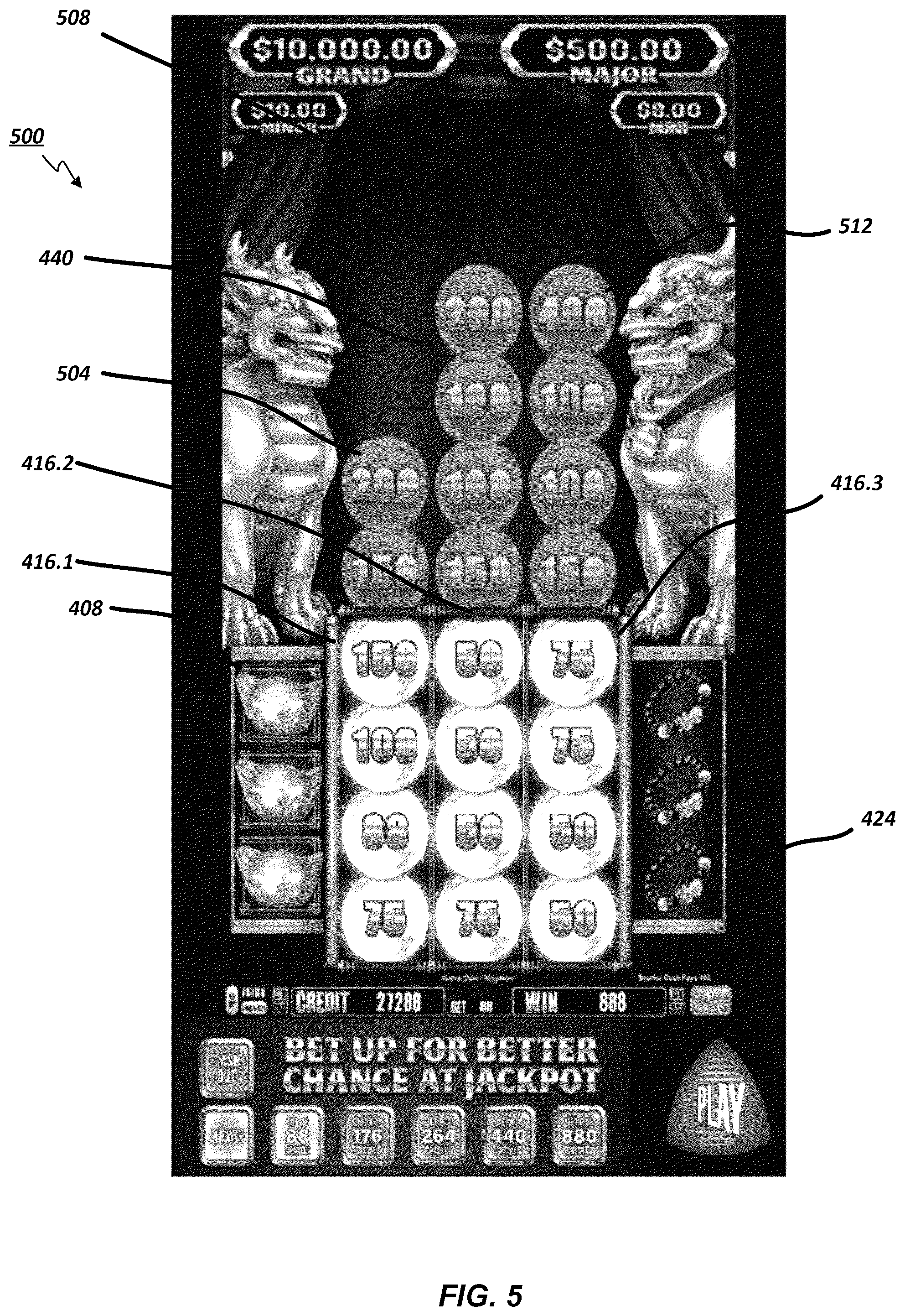 Patent US12592129 Figure 7 – Electronic gaming machine with symbols streaming adjacent an active reel matrix with reel expansion and symbol absorption processes