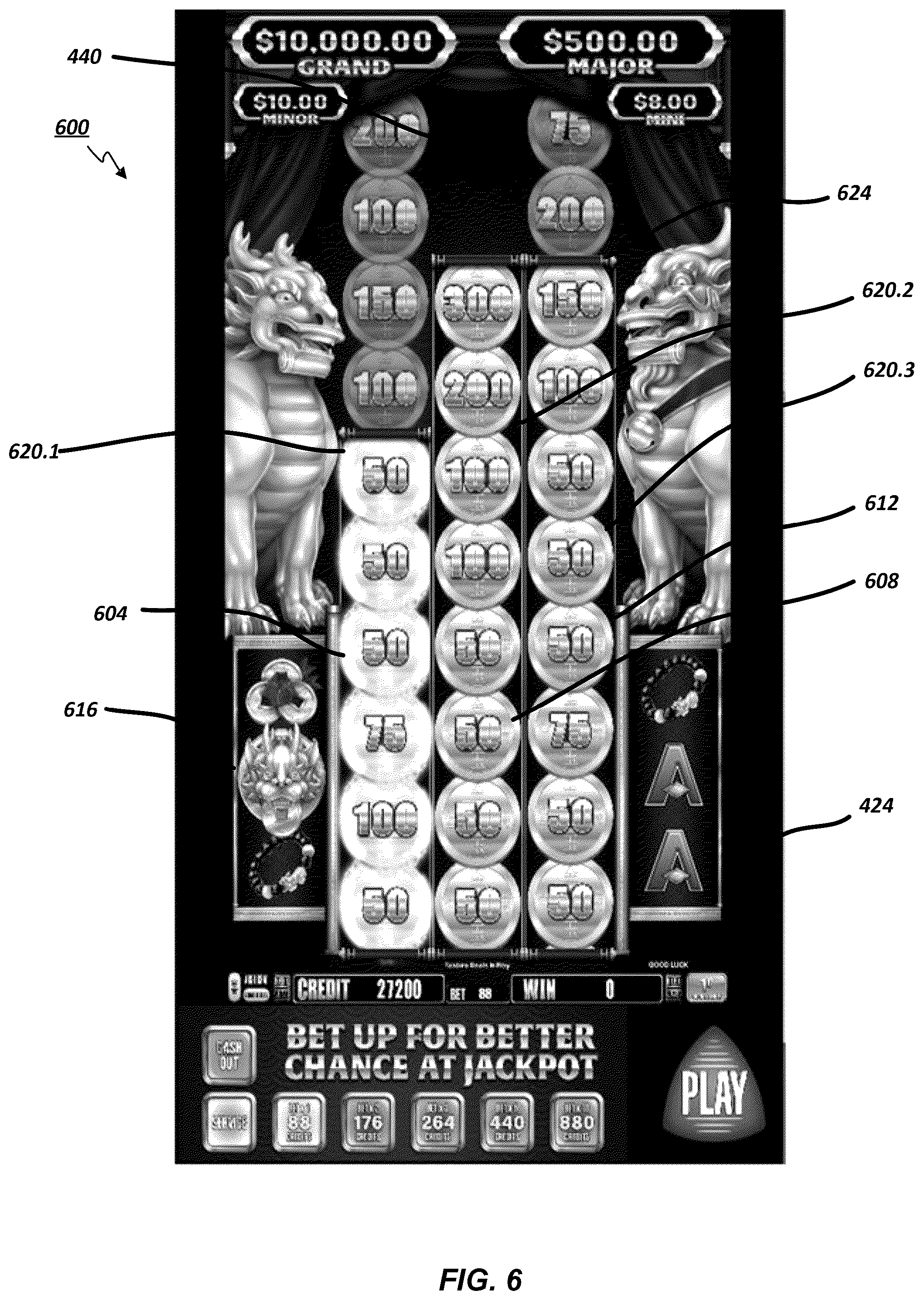 Patent US12592129 Figure 8 – Electronic gaming machine with symbols streaming adjacent an active reel matrix with reel expansion and symbol absorption processes