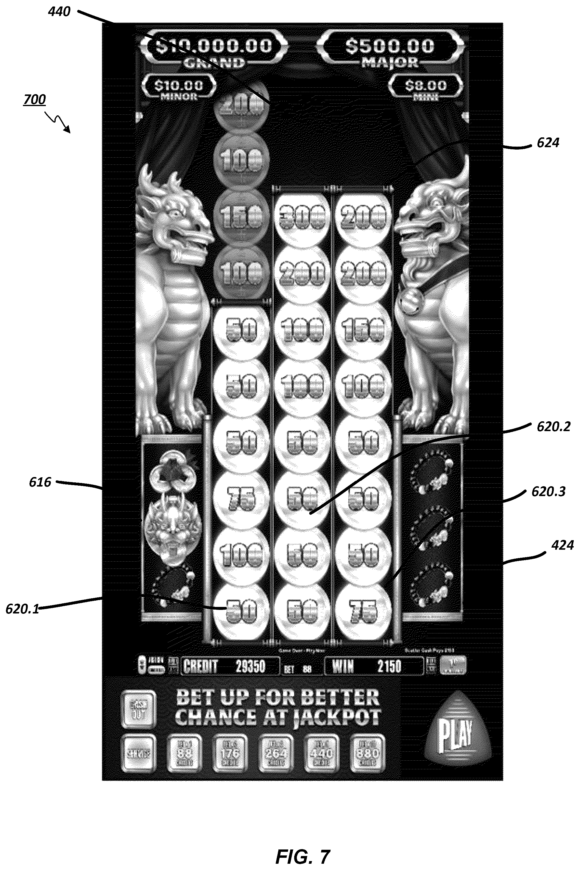 Patent US12592129 Figure 9 – Electronic gaming machine with symbols streaming adjacent an active reel matrix with reel expansion and symbol absorption processes