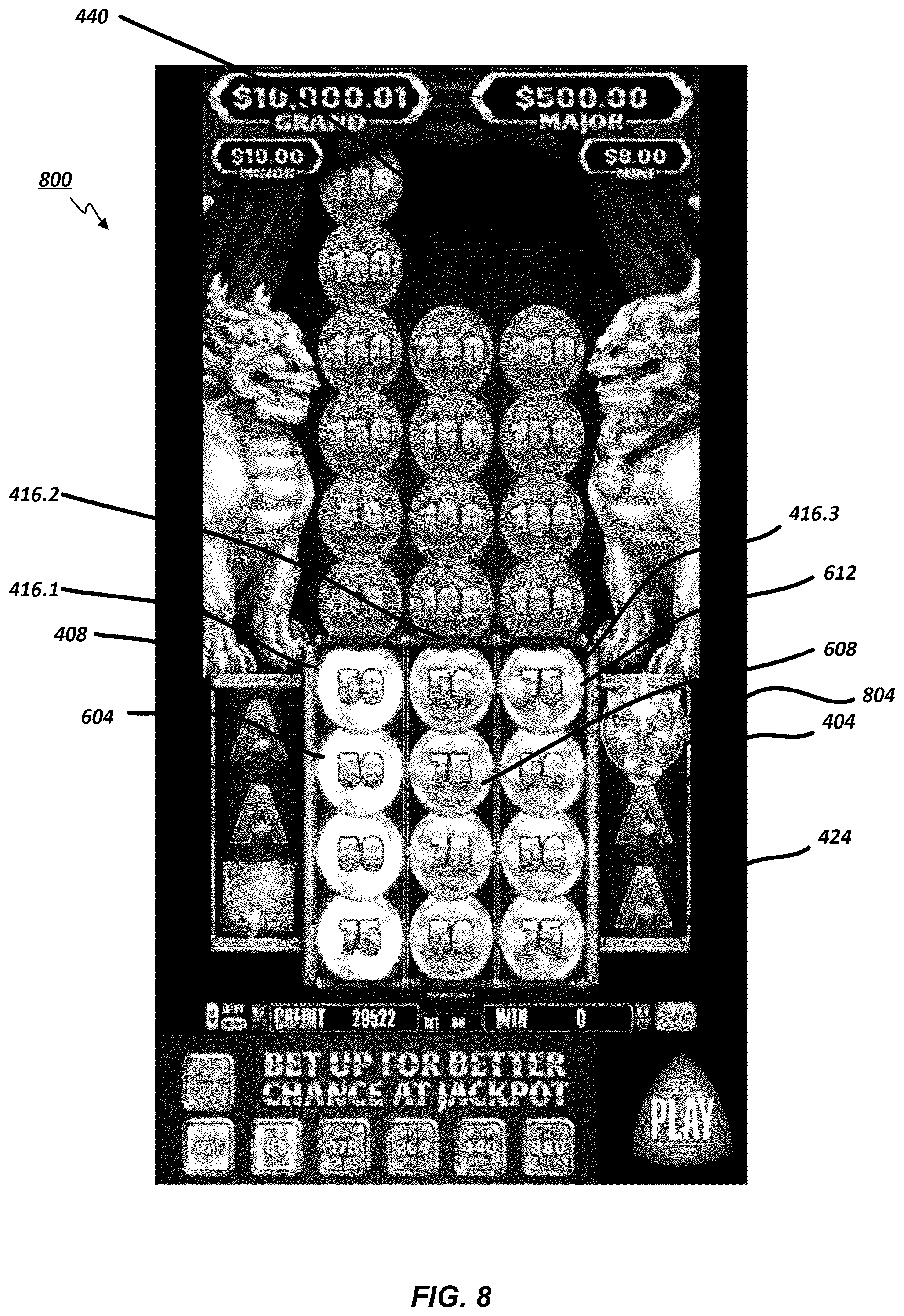 Patent US12592129 Figure 10 – Electronic gaming machine with symbols streaming adjacent an active reel matrix with reel expansion and symbol absorption processes