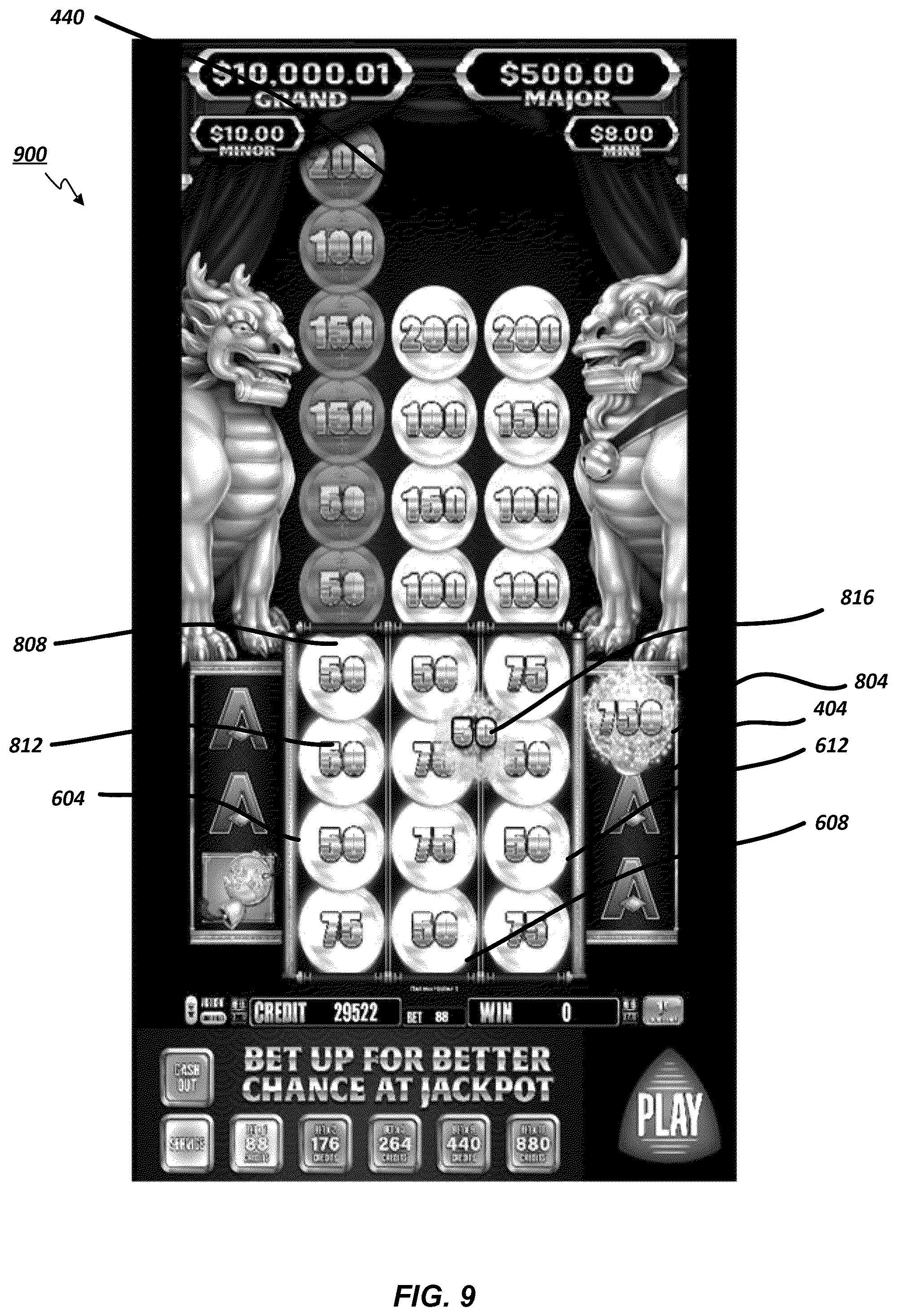 Patent US12592129 Figure 11 – Electronic gaming machine with symbols streaming adjacent an active reel matrix with reel expansion and symbol absorption processes