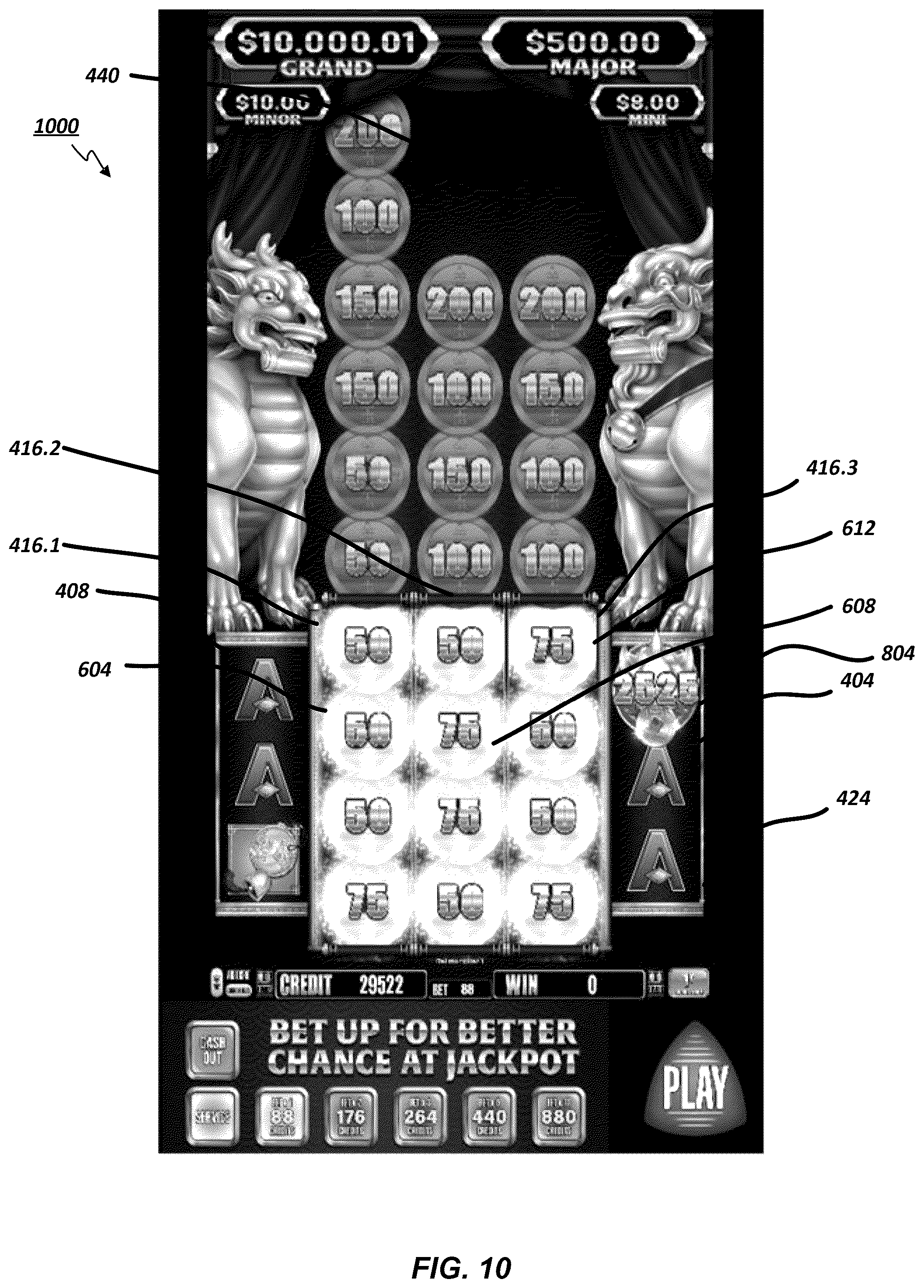 Patent US12592129 Figure 12 – Electronic gaming machine with symbols streaming adjacent an active reel matrix with reel expansion and symbol absorption processes