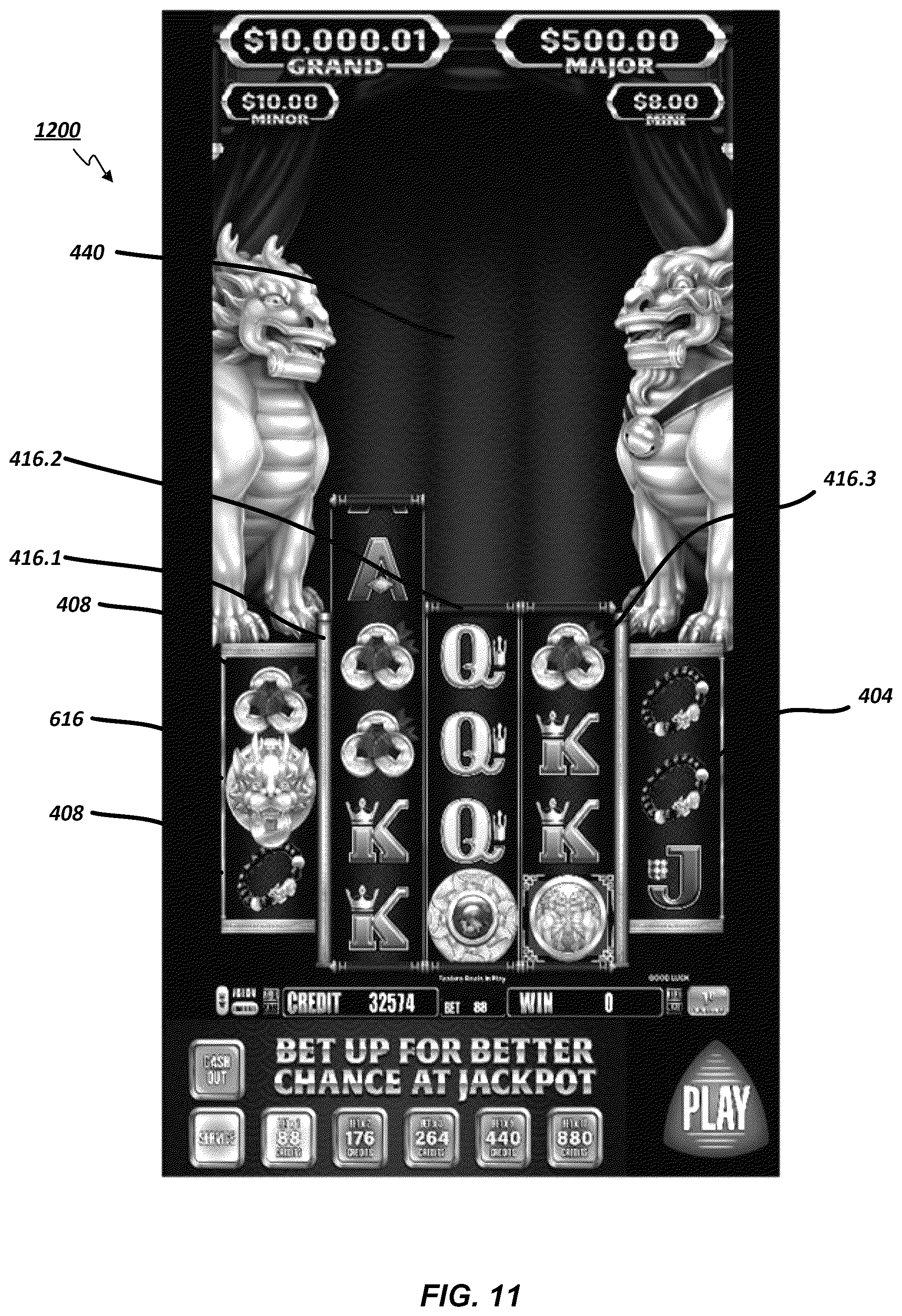 Patent US12592129 Figure 13 – Electronic gaming machine with symbols streaming adjacent an active reel matrix with reel expansion and symbol absorption processes