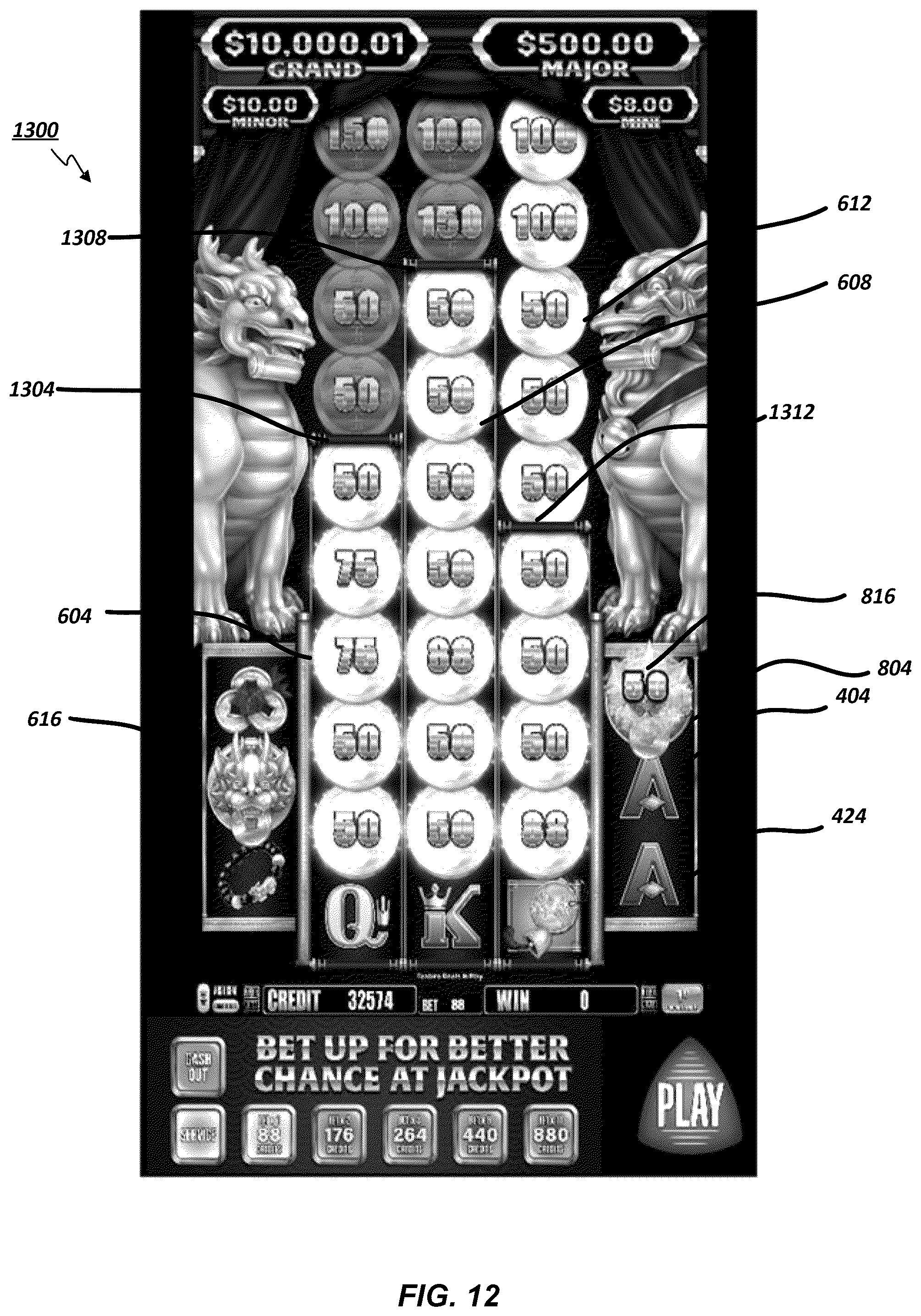 Patent US12592129 Figure 14 – Electronic gaming machine with symbols streaming adjacent an active reel matrix with reel expansion and symbol absorption processes