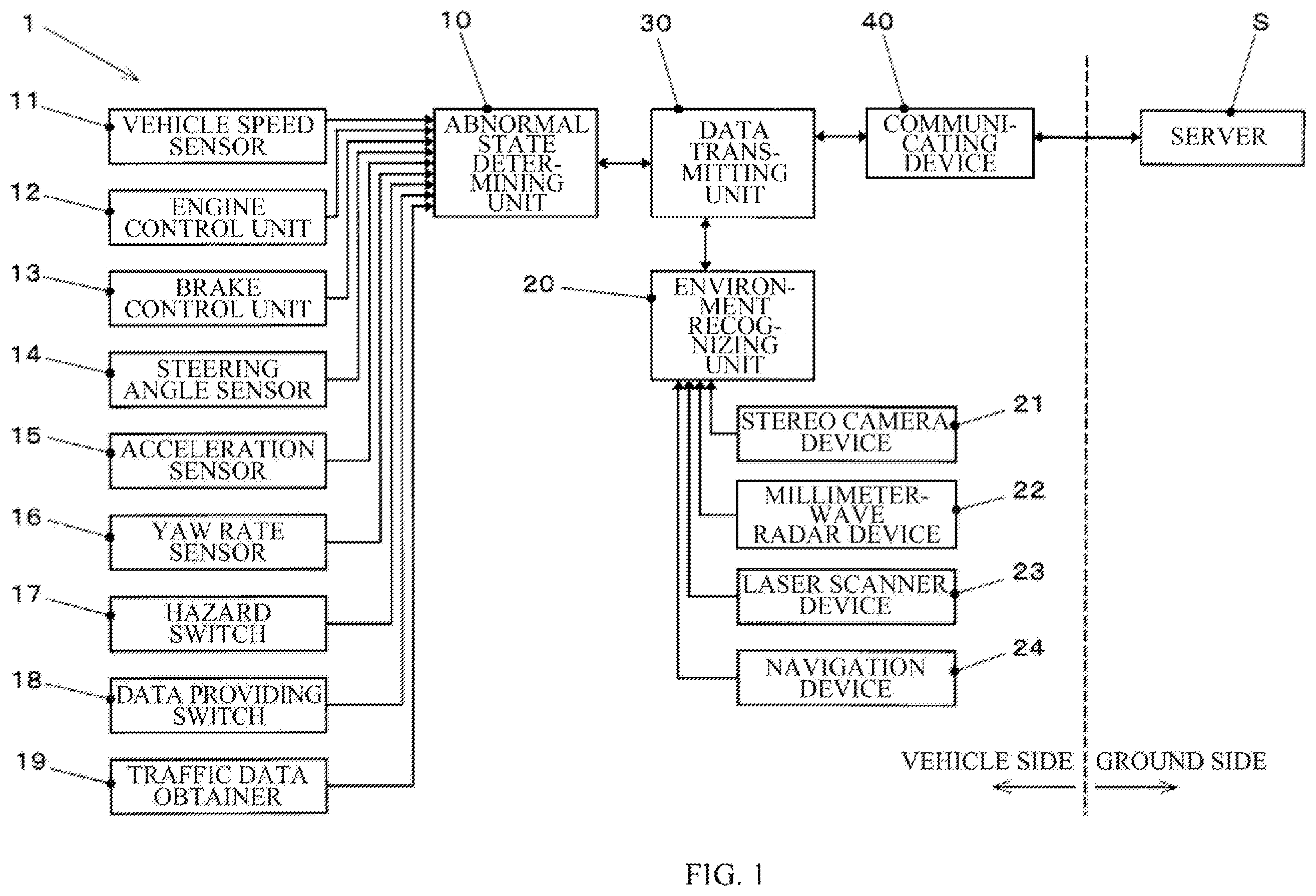 Patent US12592147 Figure 1 – Data transmitting apparatus and traffic data distribution apparatus