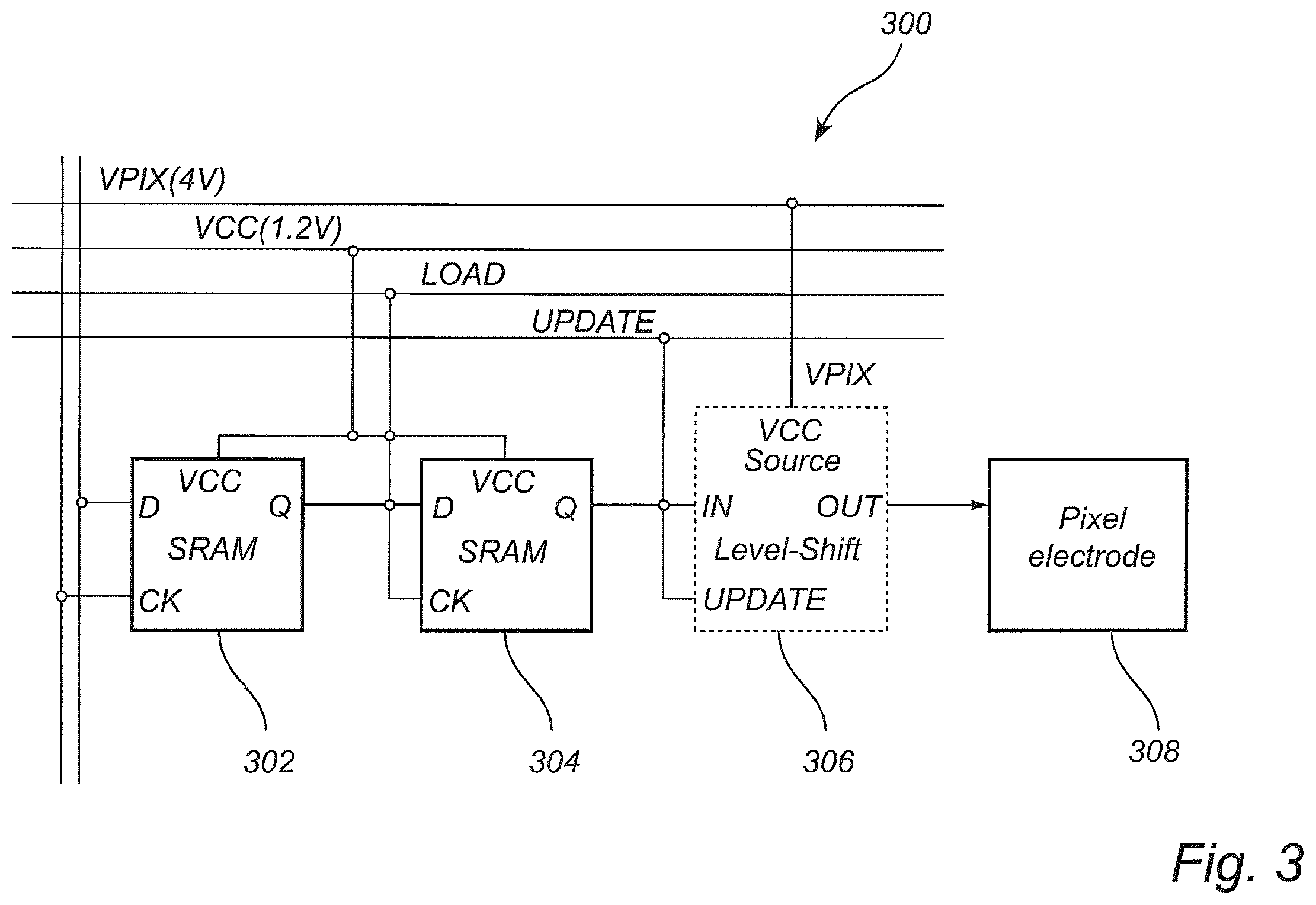 Patent US12592211 Figure 3 – Dual-voltage pixel circuitry for liquid crystal display