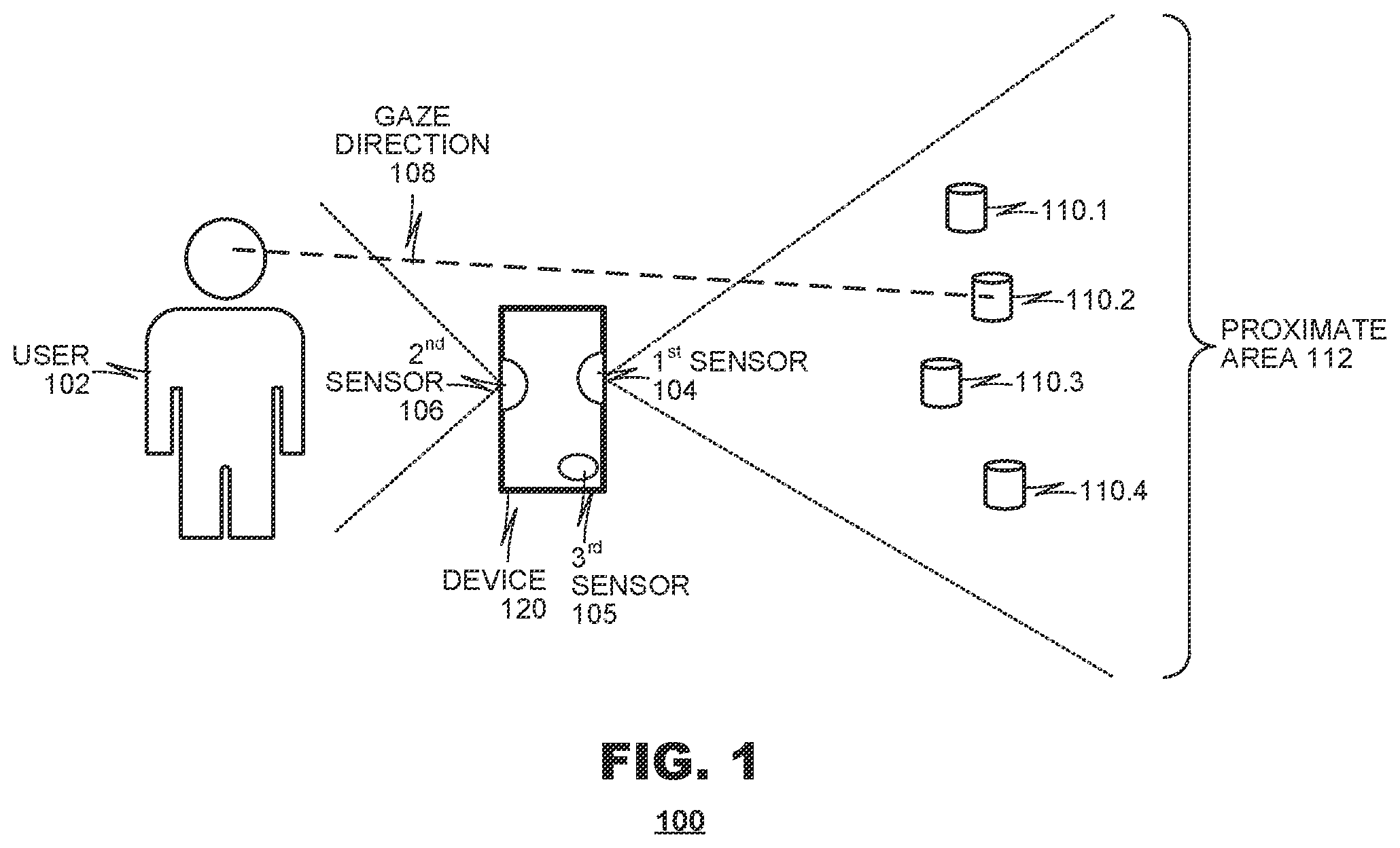 Patent US12592233 Figure 1 – Gaze-based command disambiguation