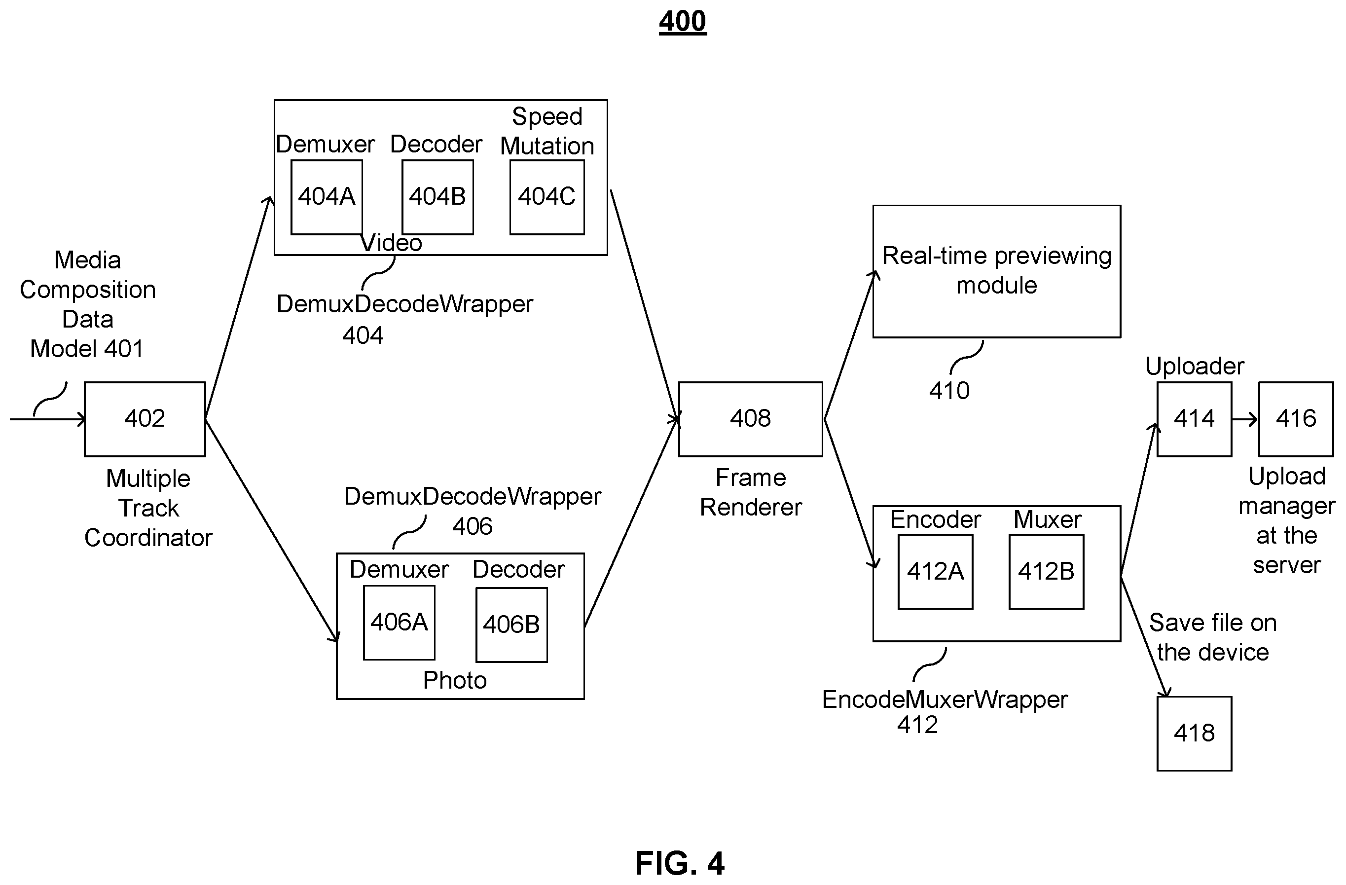 Patent US12592257 Figure 4 – Media editing with client-side edits and server-side edits
