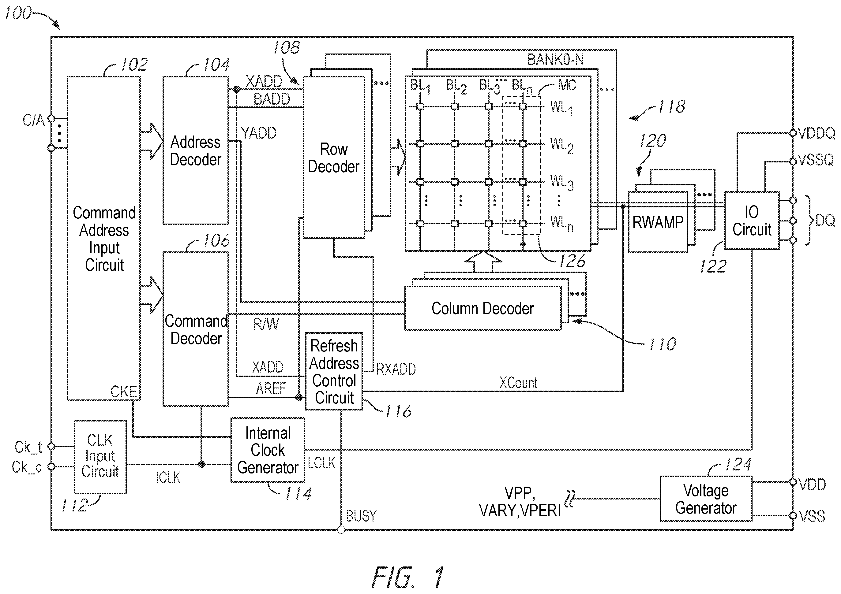 Patent US12592271 Figure 1 – Apparatuses and methods for increased reliability row hammer counts