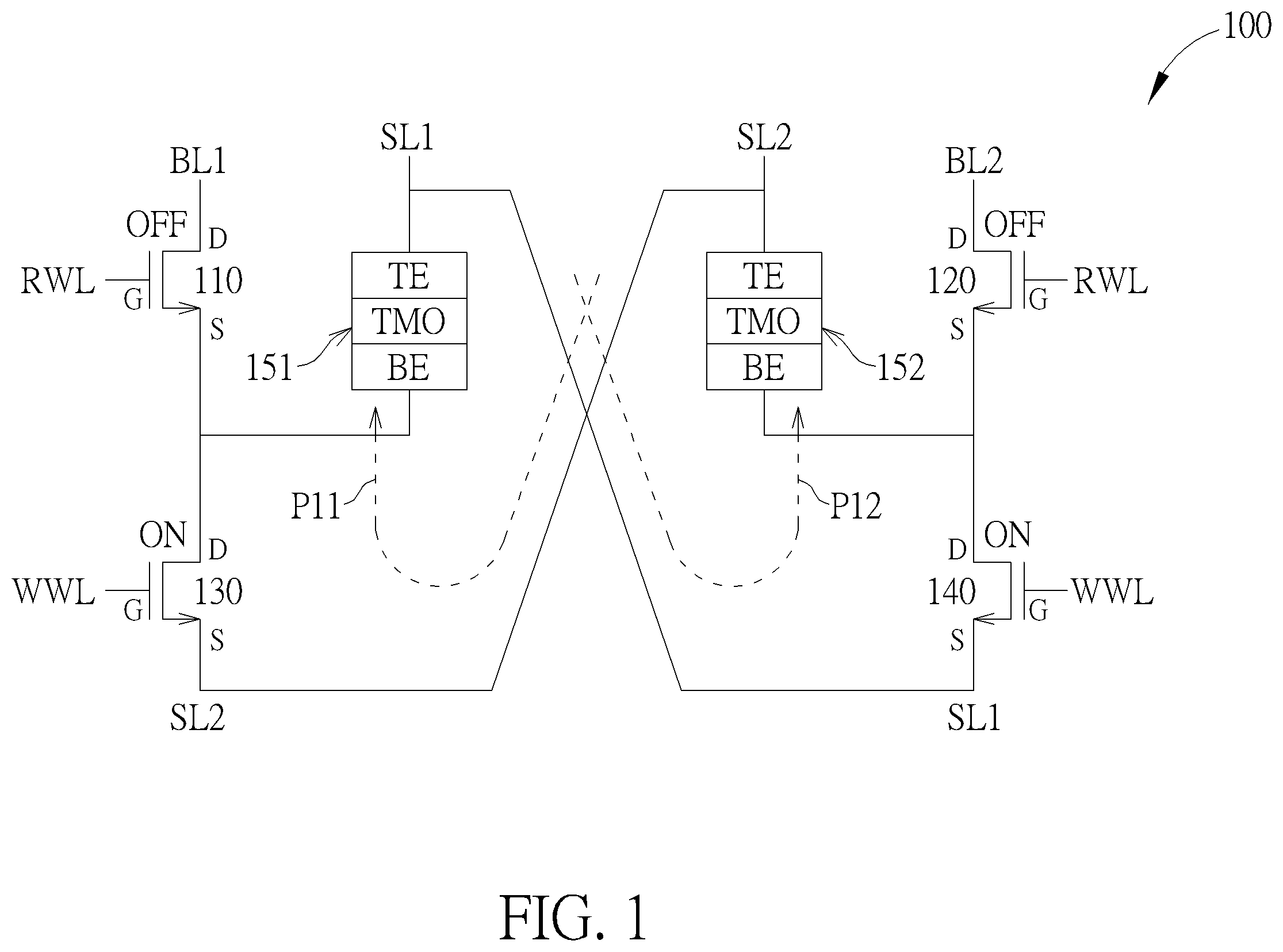 Patent US12592280 Figure 1 – Resistive random access memory and memory mini-array thereof with improved reliability