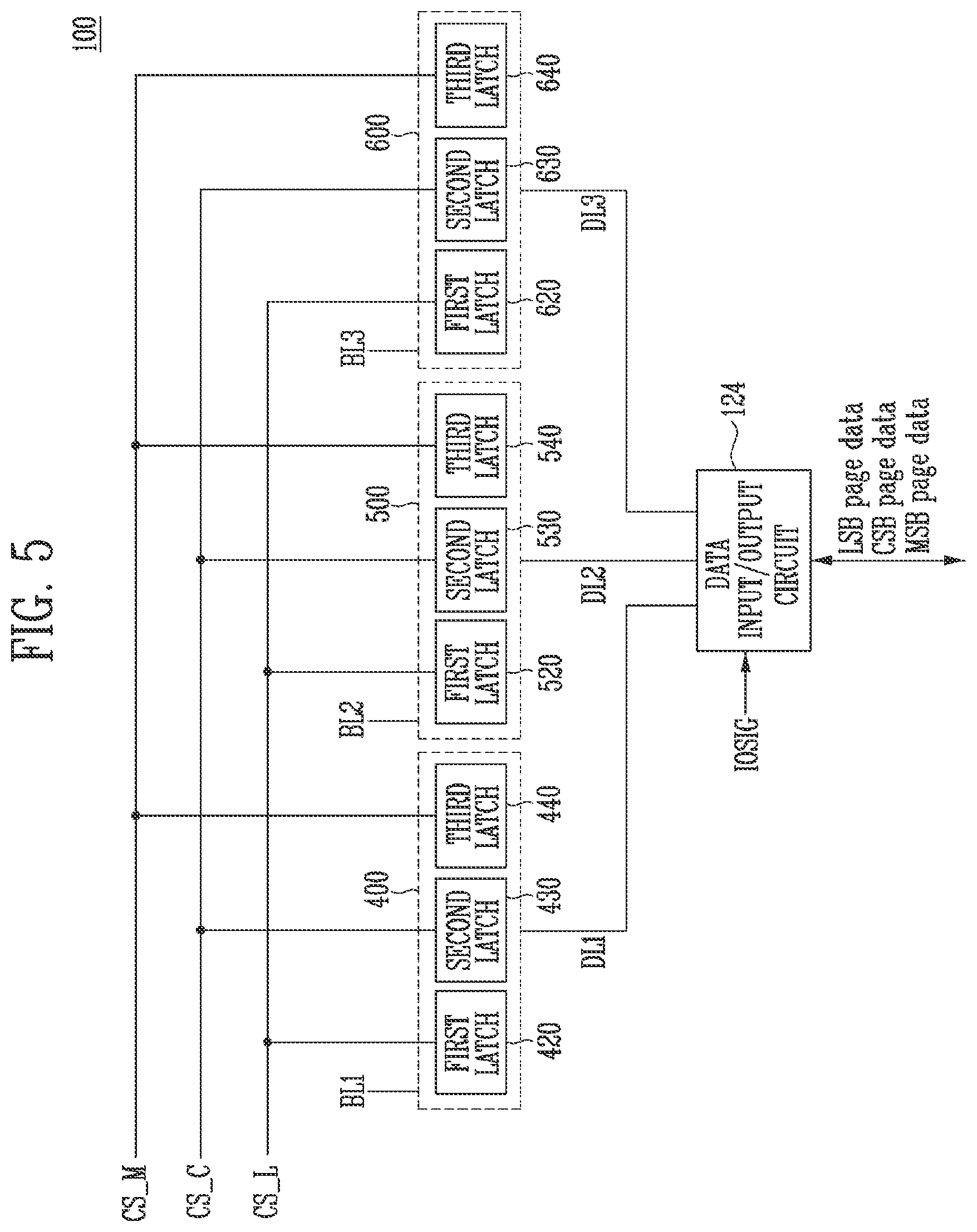 Patent US12592285 Figure 5 – Interleaved page buffers for inputting and outputting data with memory latches and status registers including a memory device