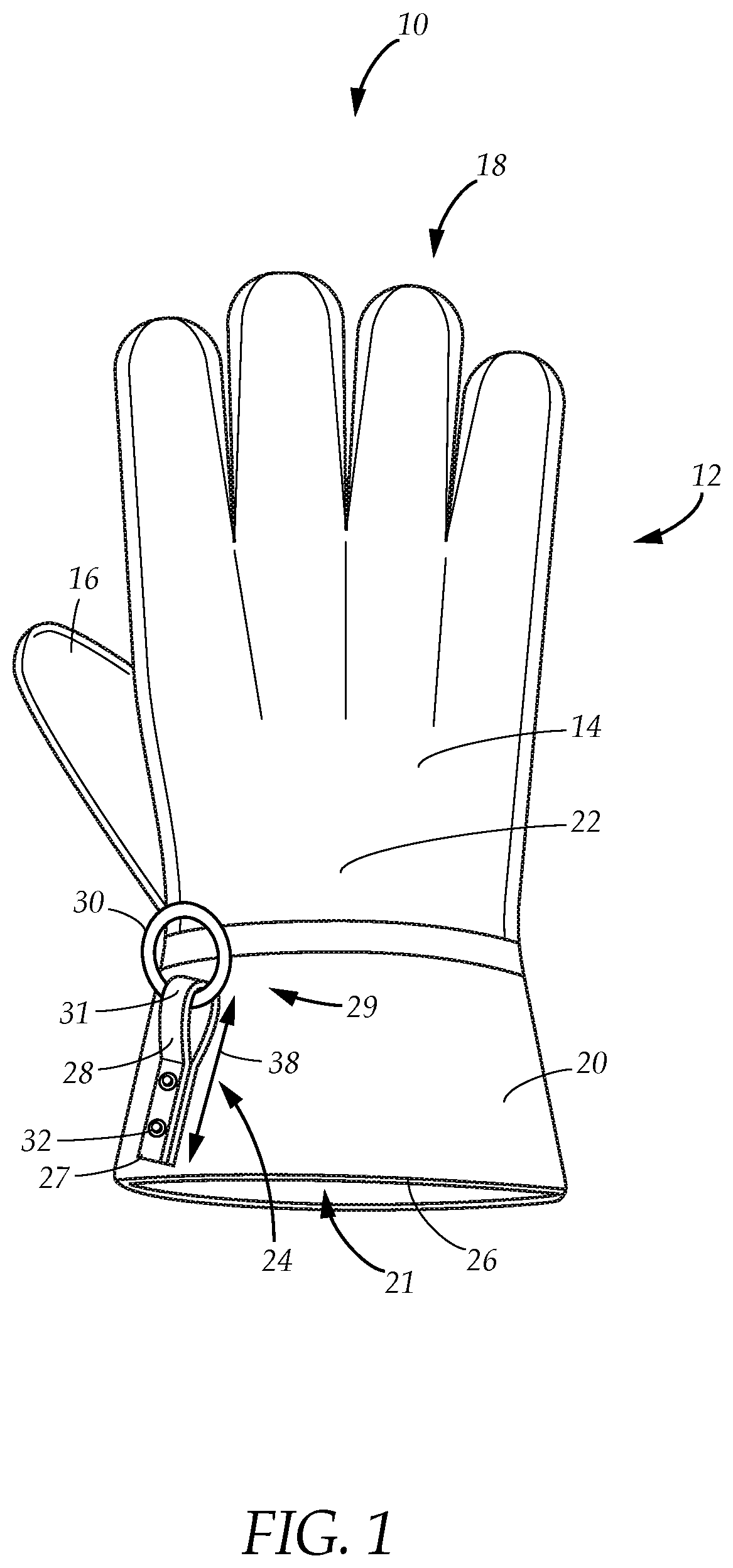 Patent US12592349 Figure 1 – Protective safety glove