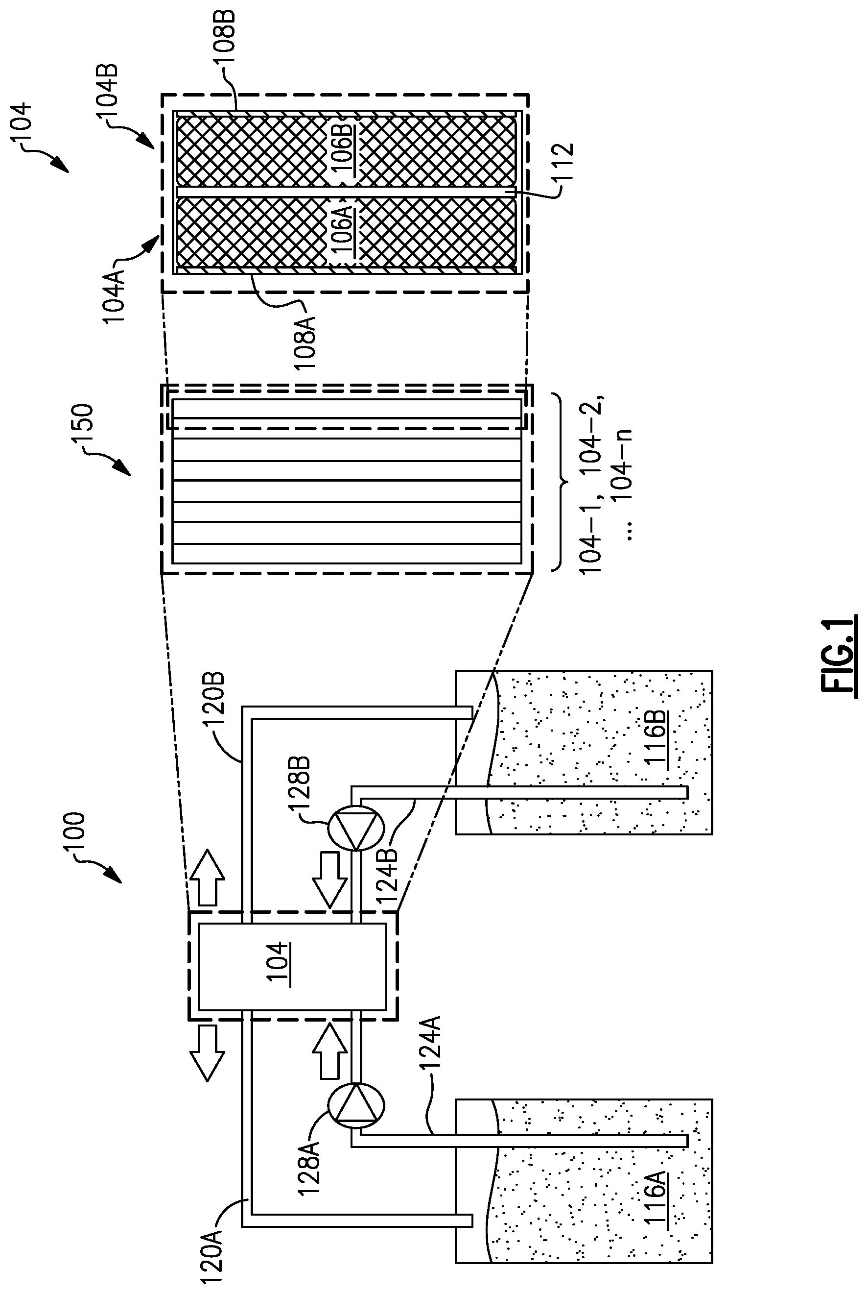 Patent US12592405 Figure 1 – Connections for redox battery integration