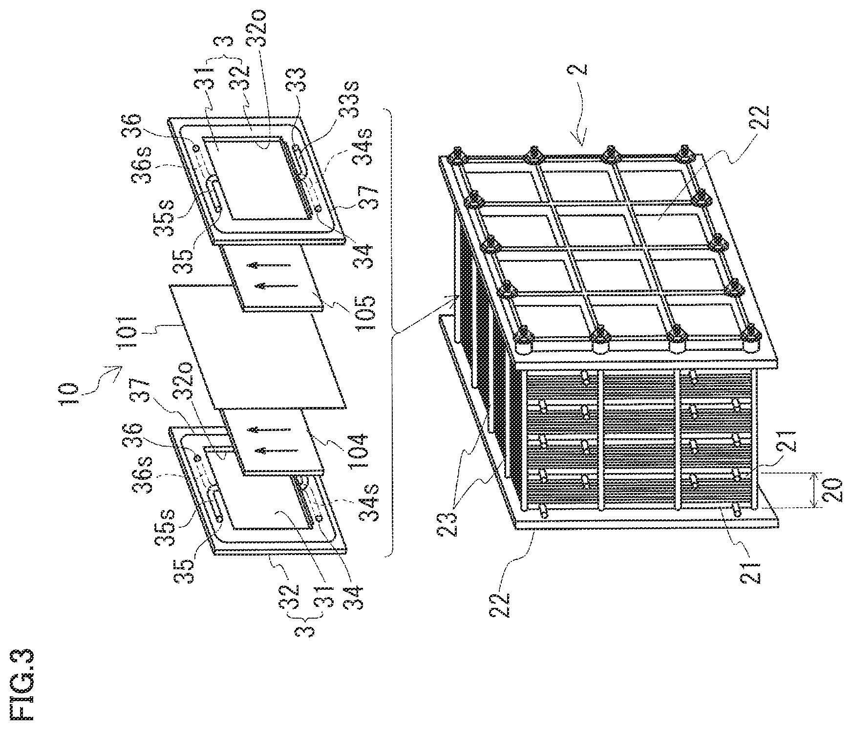 Patent US12592406 Figure 3 – Cell stack and redox flow battery