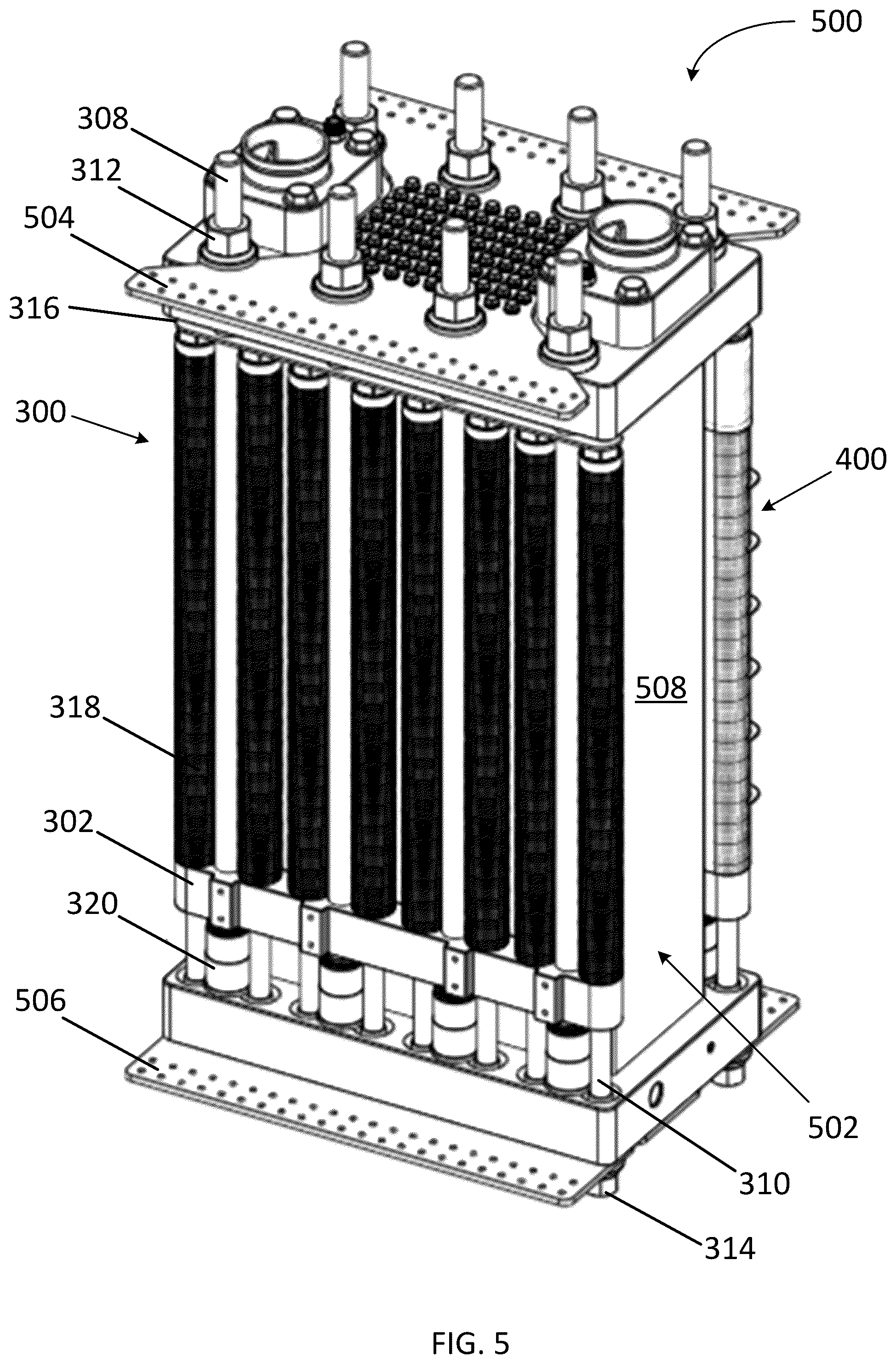Patent US12592410 Figure 5 – Compression apparatus for electrochemical stacks