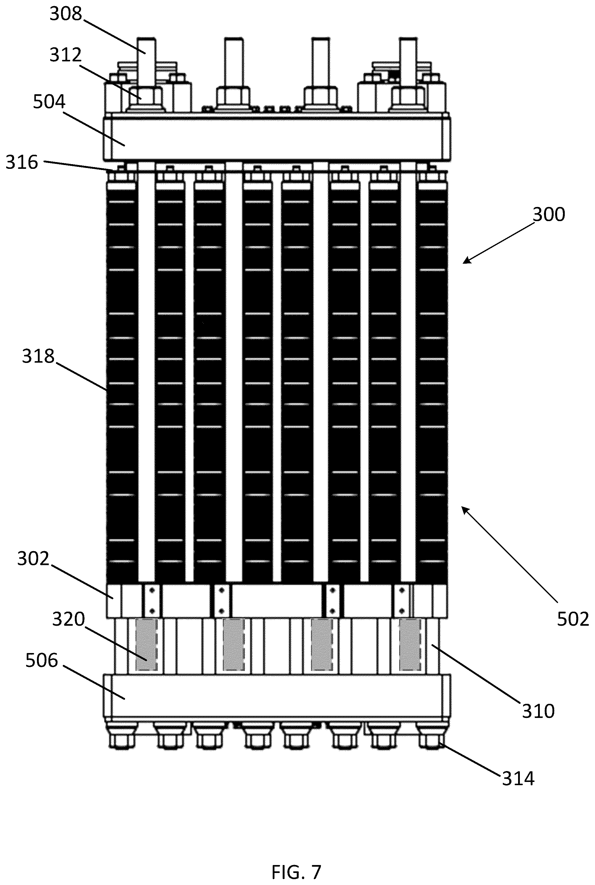 Patent US12592410 Figure 7 – Compression apparatus for electrochemical stacks