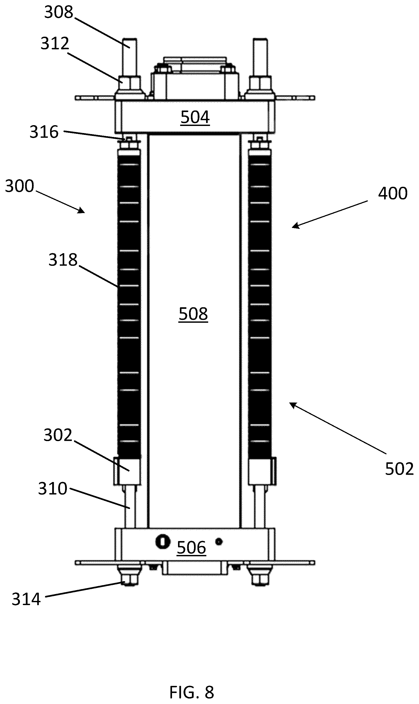 Patent US12592410 Figure 8 – Compression apparatus for electrochemical stacks